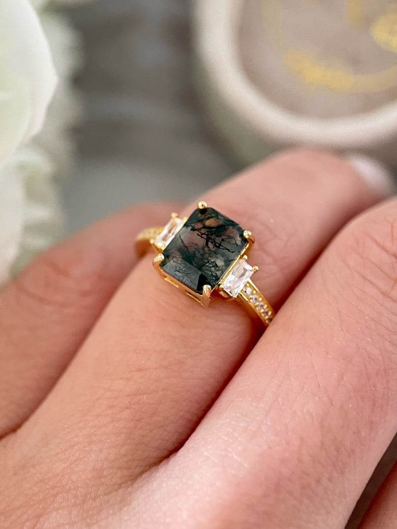 【Callista】Bague de fiançailles unique en agate mousse naturelle faite à la main, 2,5 ct, forme coussin