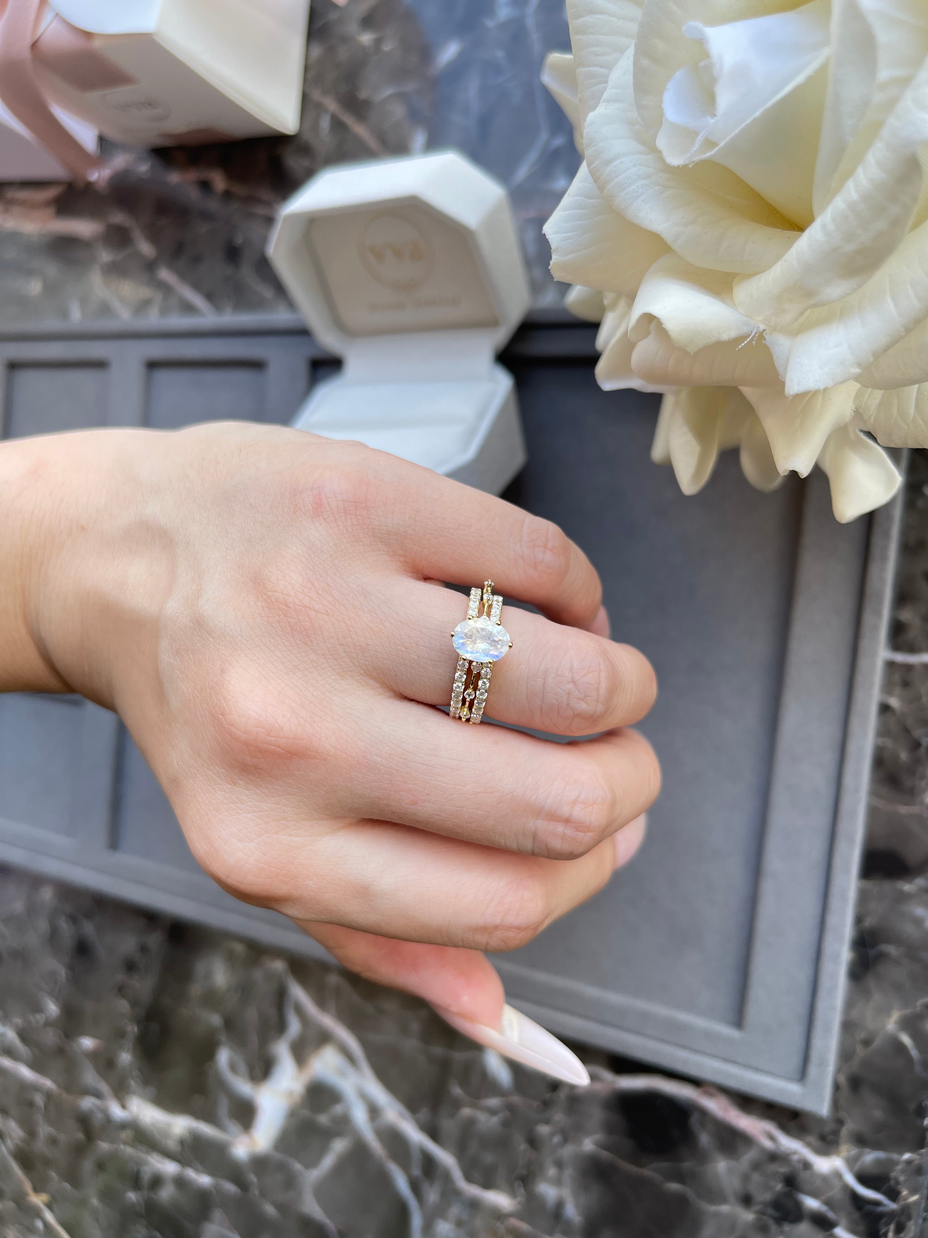 【Eternal Phases】Unique Handmade Natural Blue Moonstone Engagement Ring 1.5ct Oval Shape