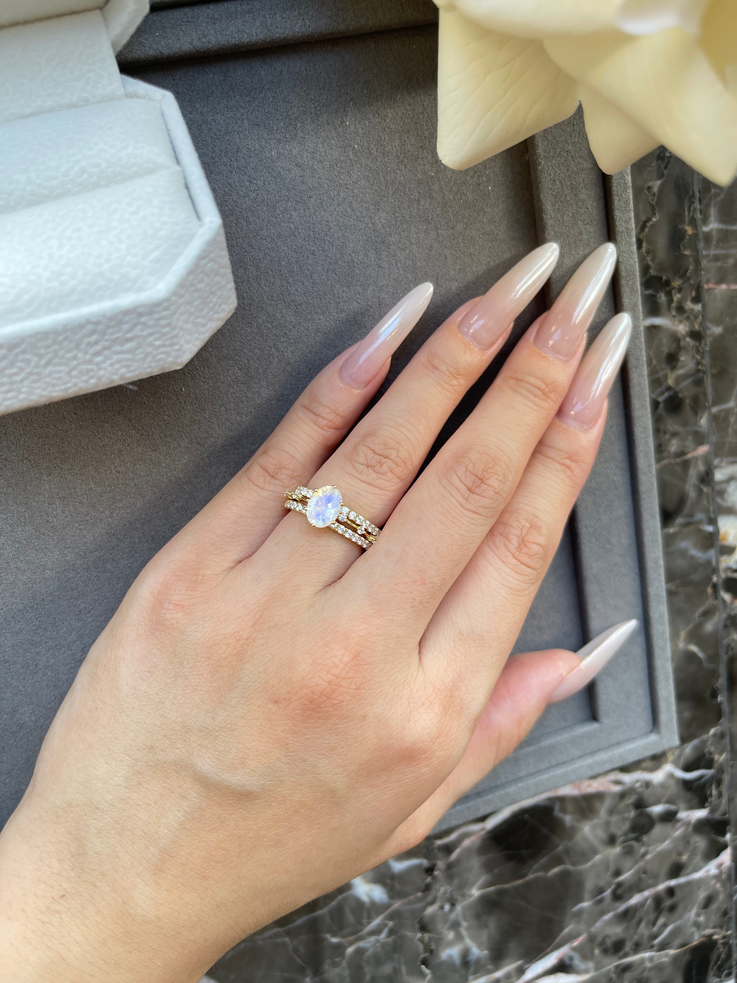 【Eternal Phases】Unique Handmade Natural Blue Moonstone Engagement Ring 1.5ct Oval Shape