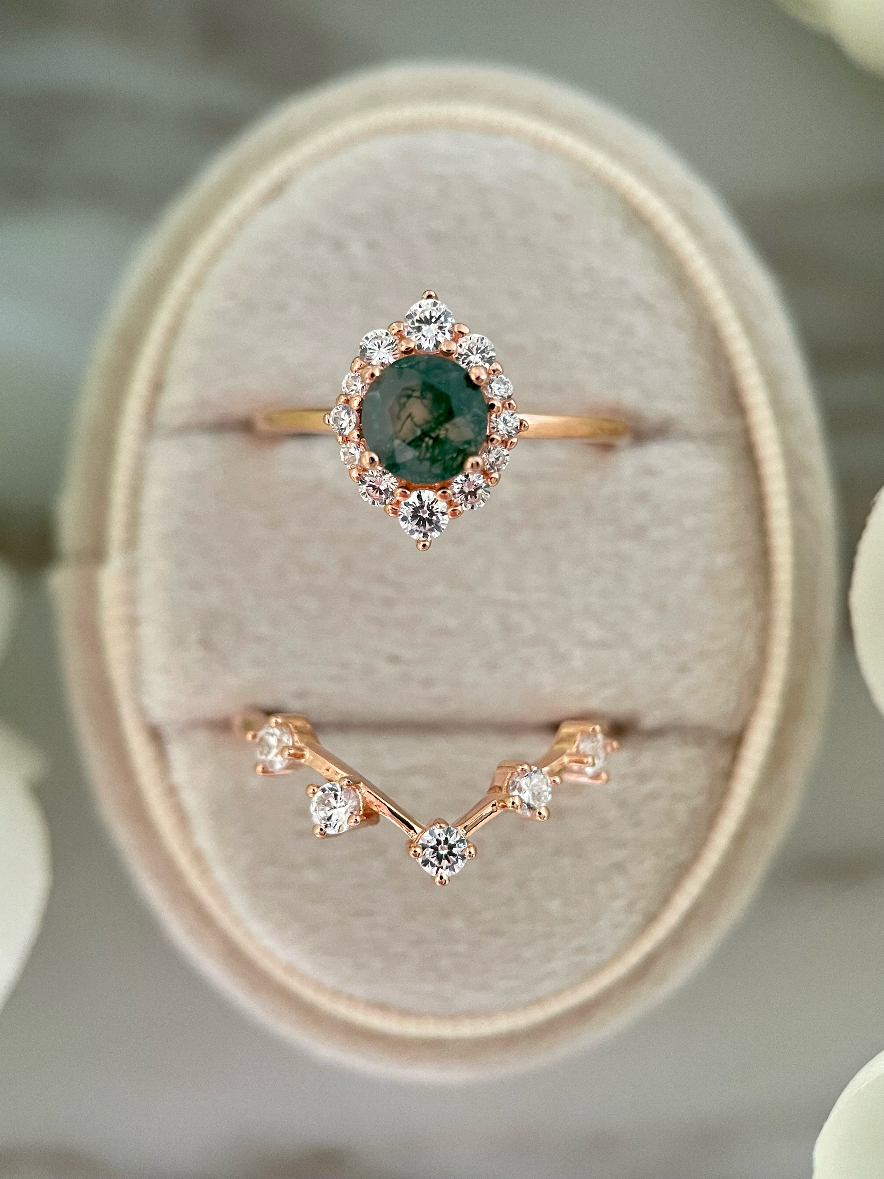 【Ensemble Sylvana】Ensemble unique de bagues de fiançailles artisanales en agate mousse naturelle, 2 pièces, 0,8 ct, forme ronde