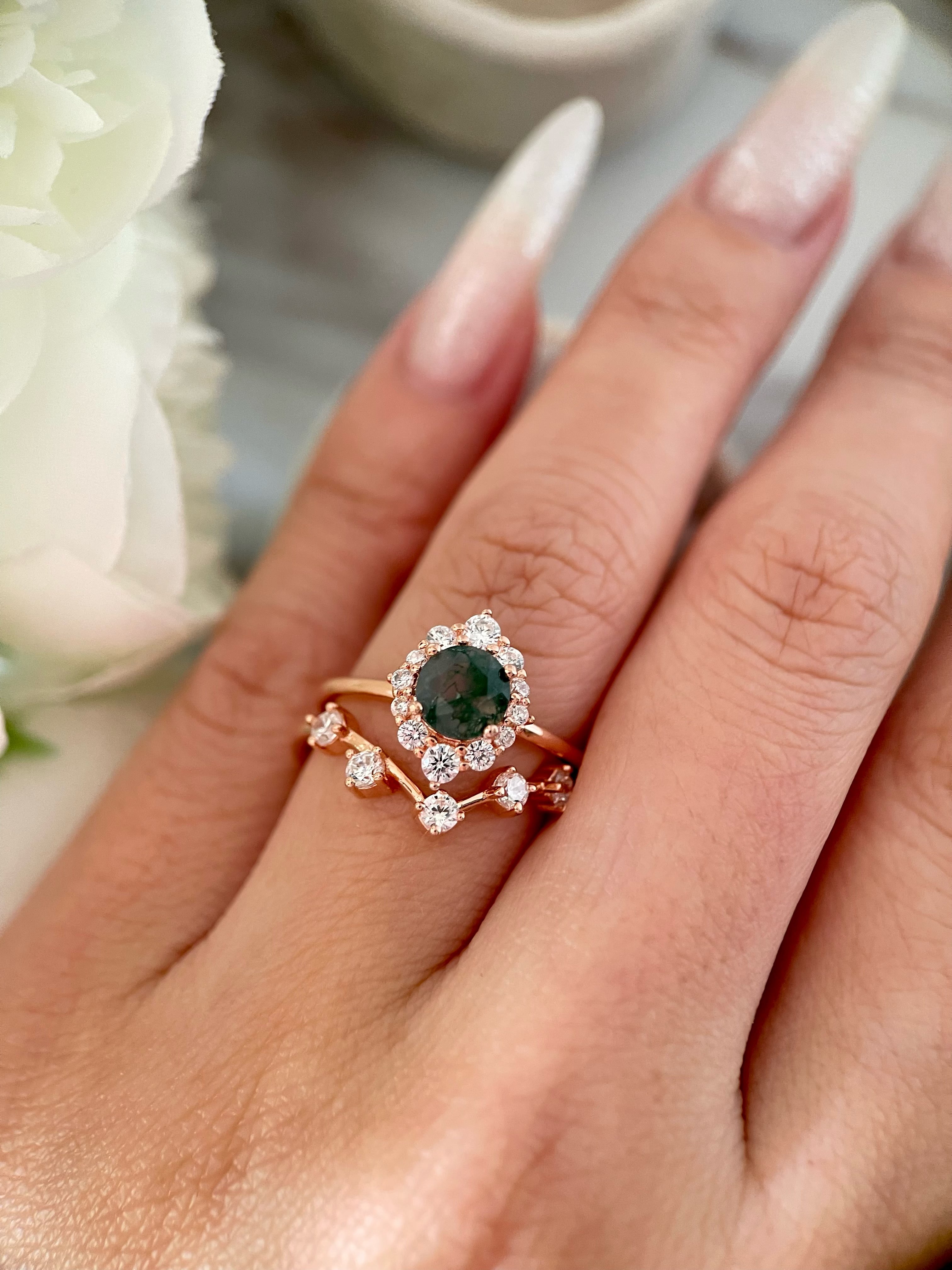 【Sylvana Set】Unique Handmade Natural Moss Agate Engagement Ring Set 2pcs 0.8ct Round Cut