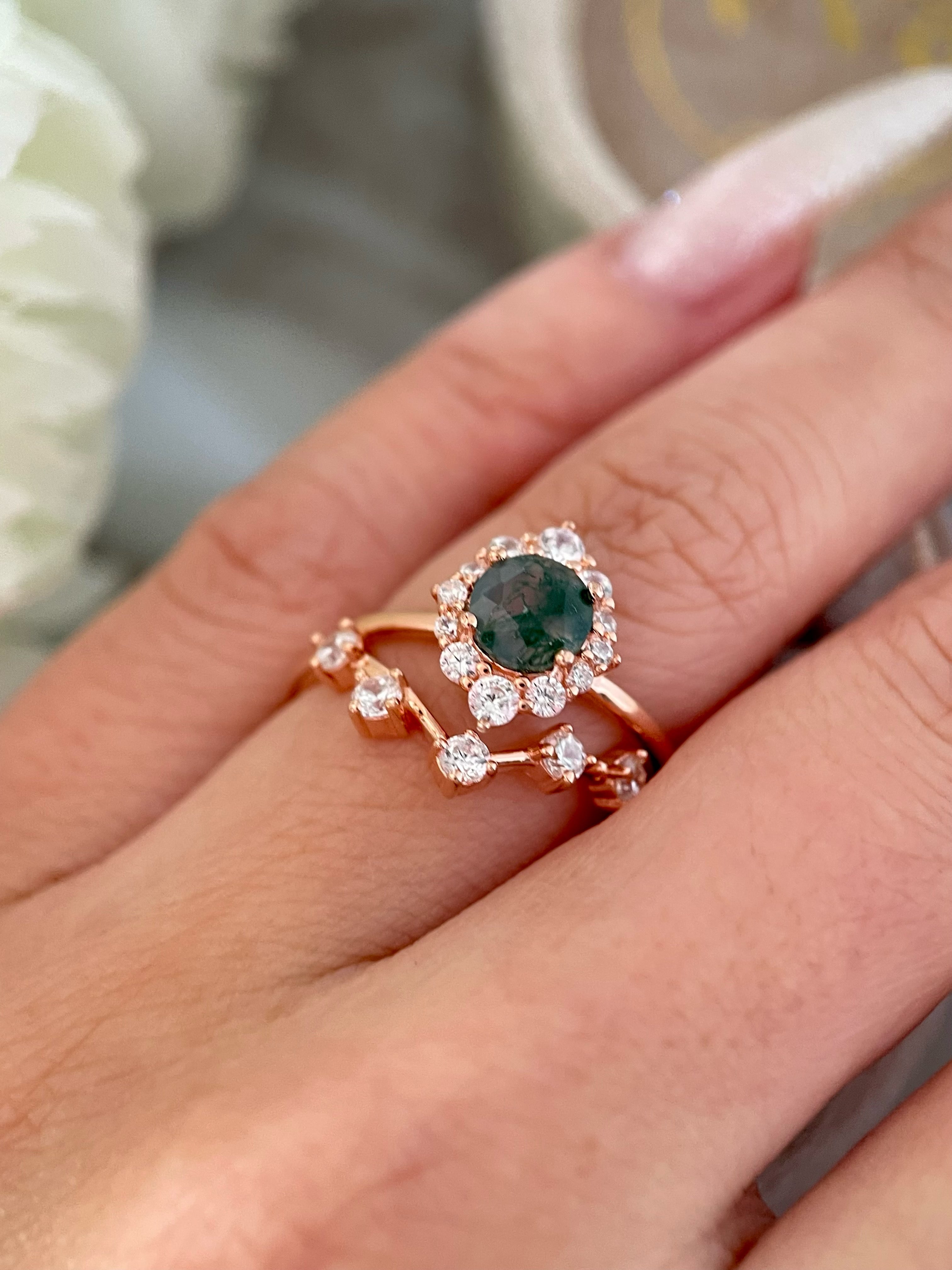 【Ensemble Sylvana】Ensemble unique de bagues de fiançailles artisanales en agate mousse naturelle, 2 pièces, 0,8 ct, forme ronde