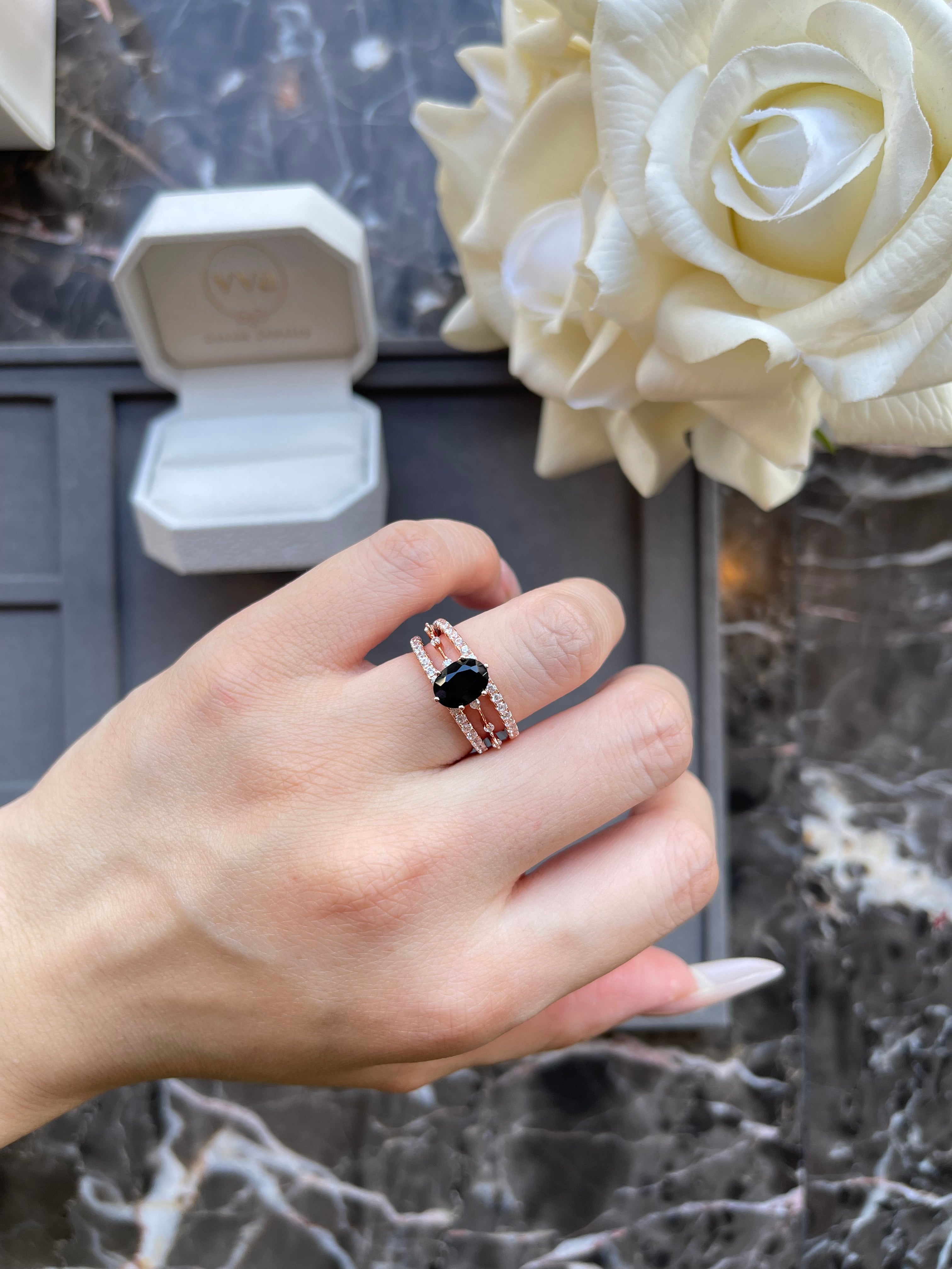 【Aegis Set】Handmade Natural Black Onyx Engagement Ring Set 3pcs 1.5ct Oval Shape