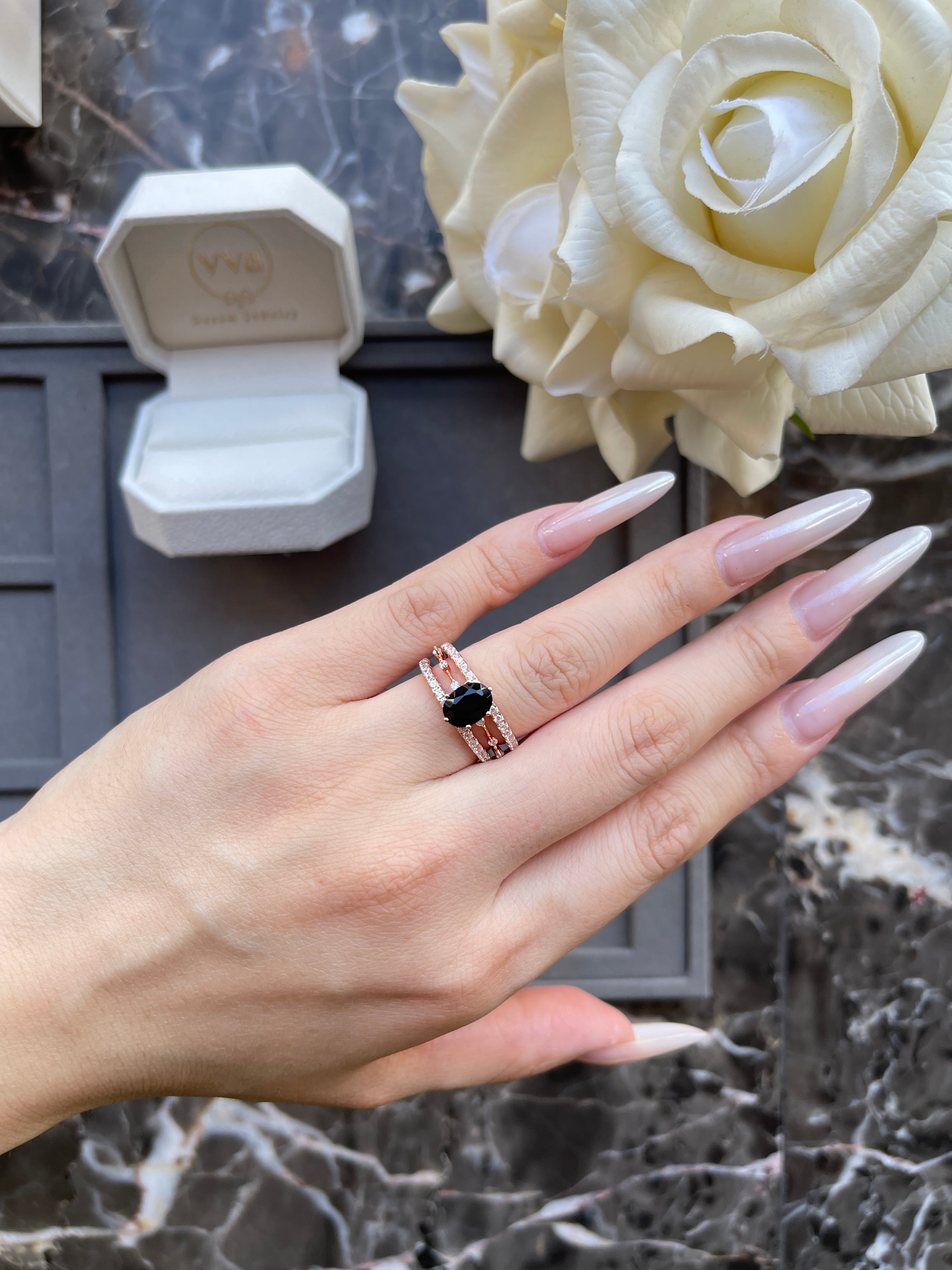 Aegis】Handmade Natural Black Onyx Engagement Ring 1.5ct Oval Cut