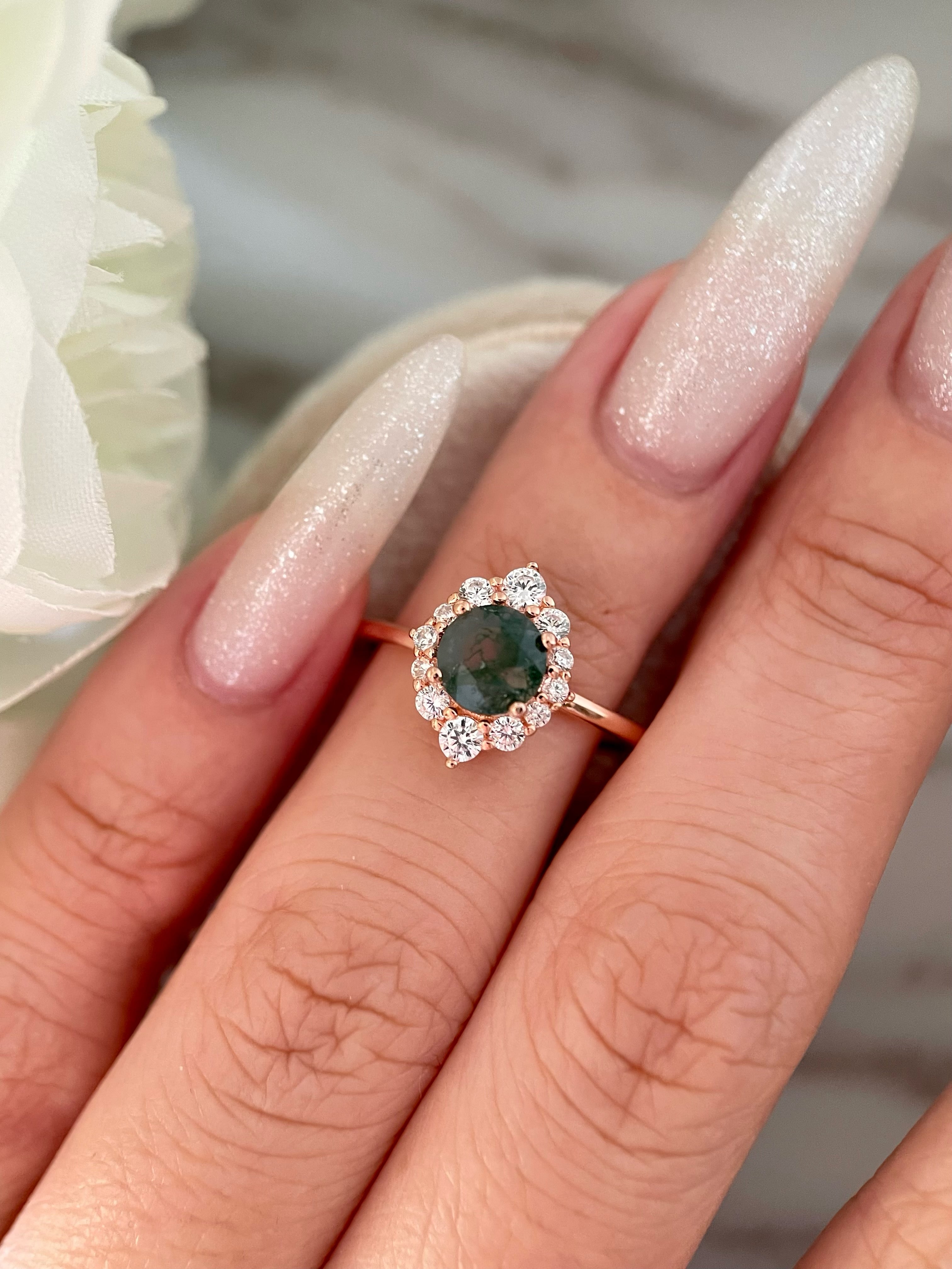 【Sylvana】Bague de fiançailles unique en agate mousse naturelle faite à la main, 0,8 ct, forme ronde