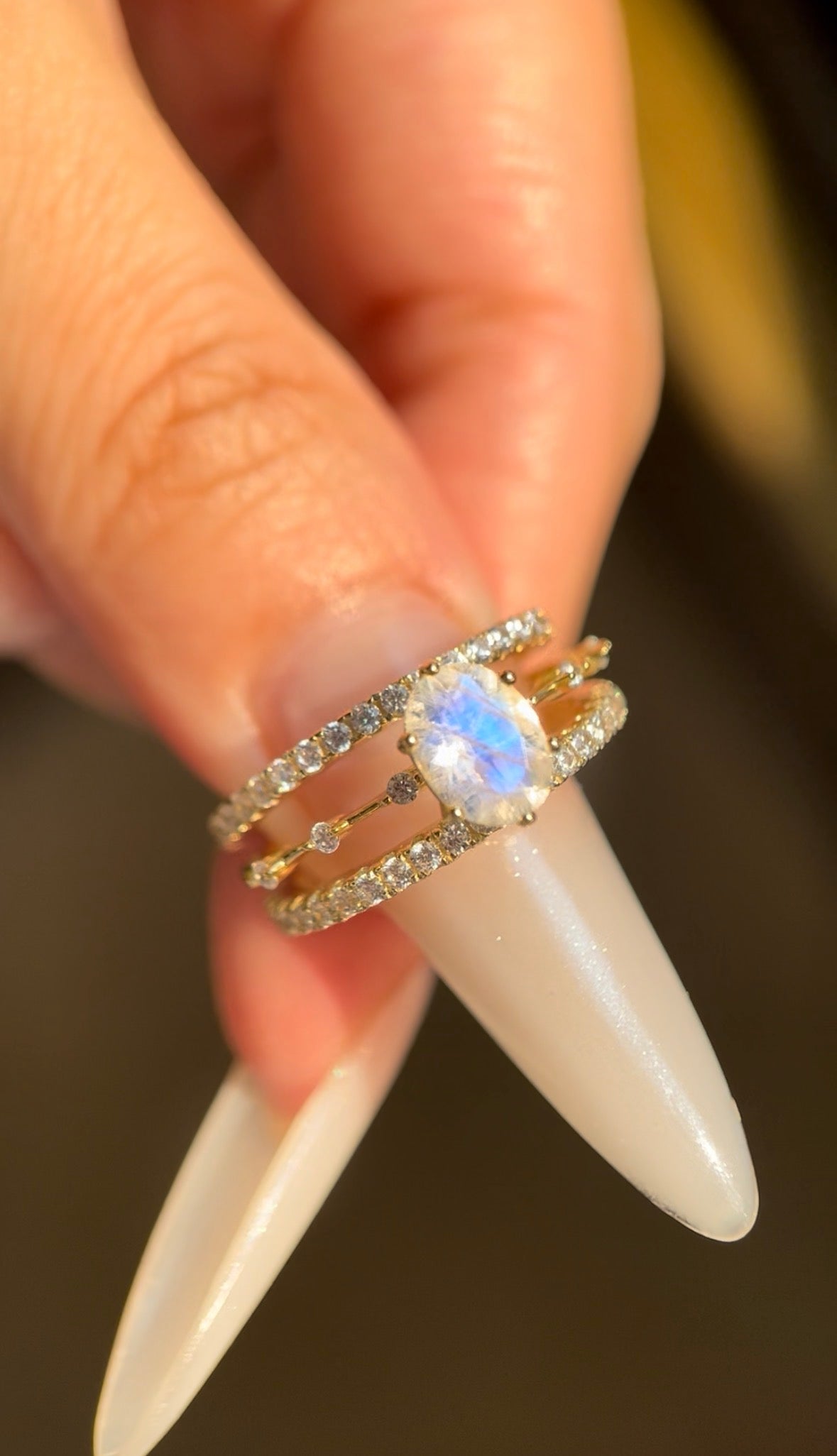 【Eternal Phases Set】Unique Handmade Natural Blue Moonstone Engagement Ring Set 3pcs 1.5ct Oval Cut