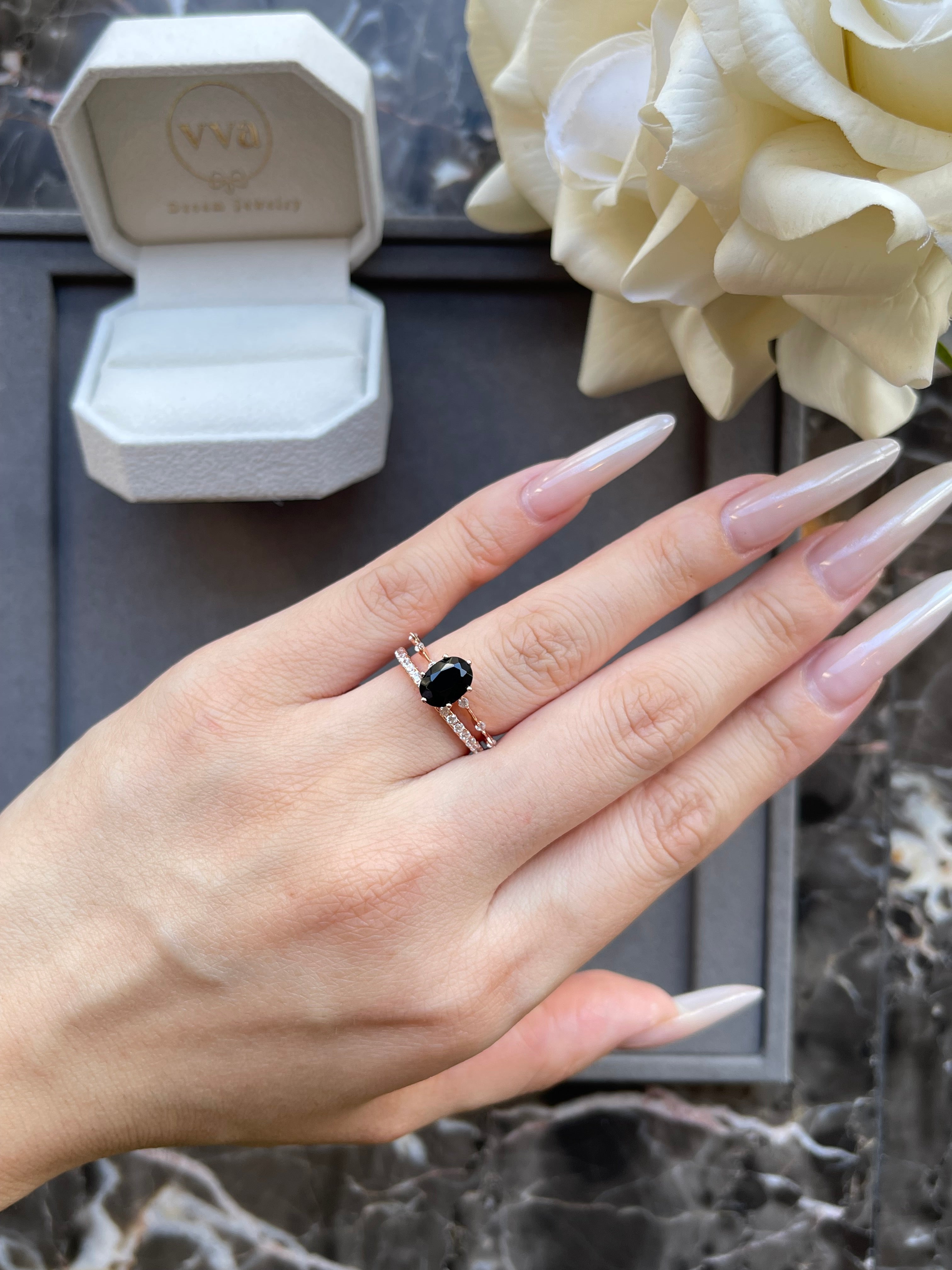 【Aegis Set】Handmade Natural Black Onyx Engagement Ring Set 3pcs 1.5ct Oval Shape