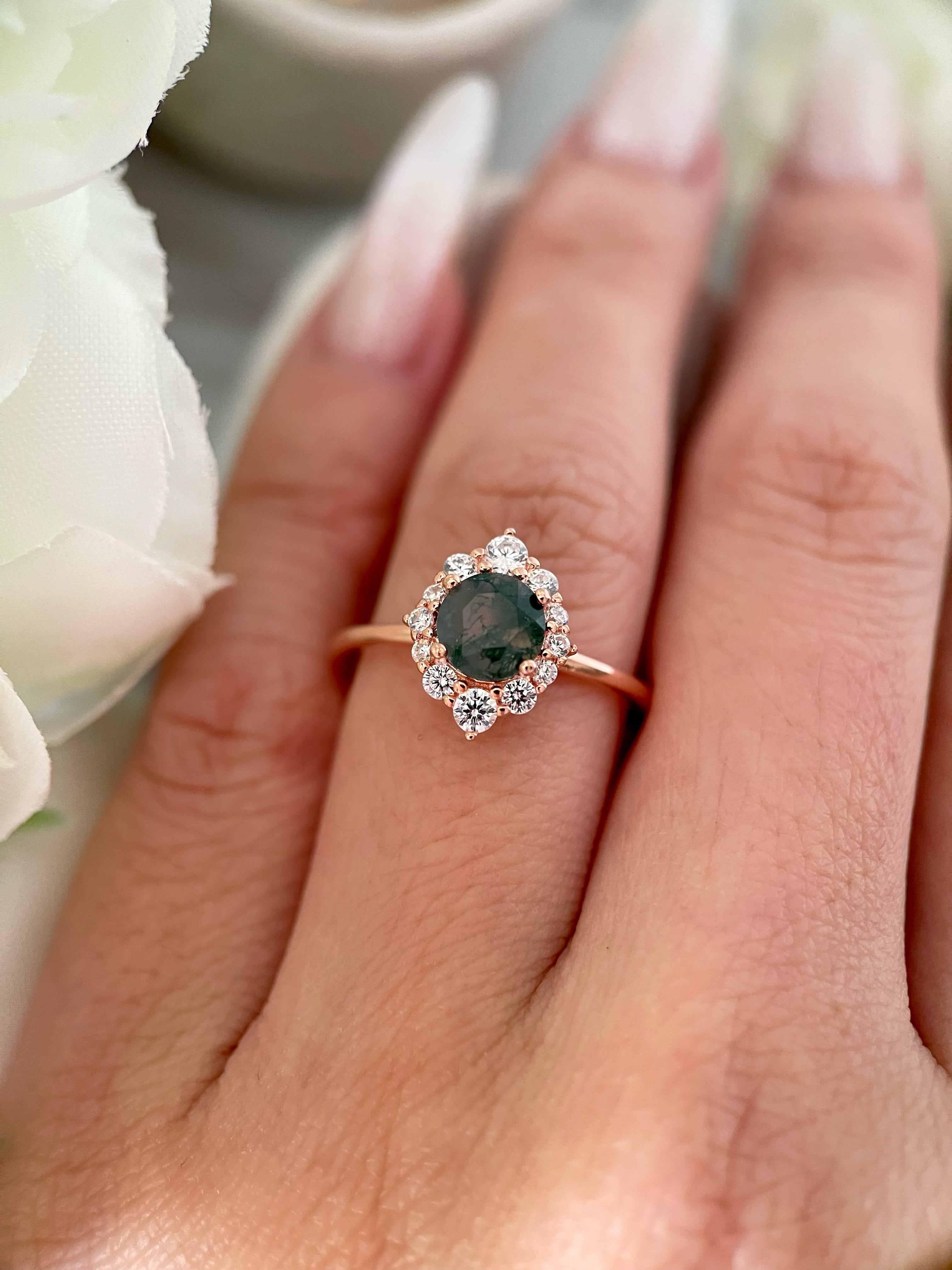 【Sylvana】Unique Handmade Natural Moss Agate Engagement Ring 0.8ct Round Cut