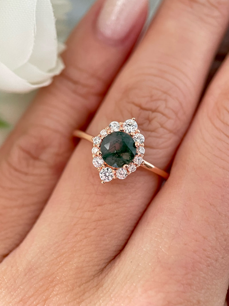 【Sylvana】Bague de fiançailles unique en agate mousse naturelle faite à la main, 0,8 ct, forme ronde