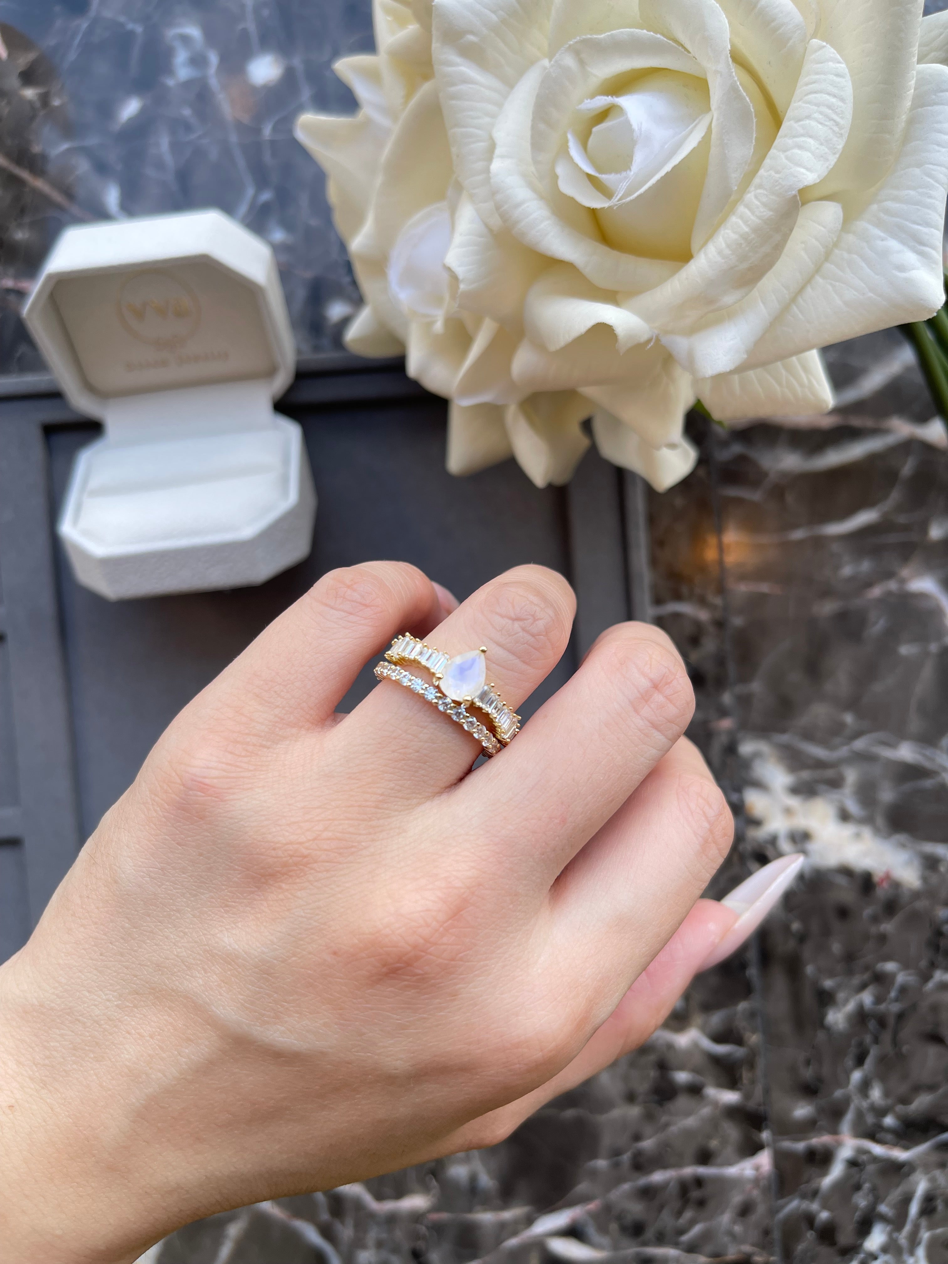 【Chalice】Unique Handmade Natural Blue Moonstone Engagement Ring 0.8ct Pear Shape