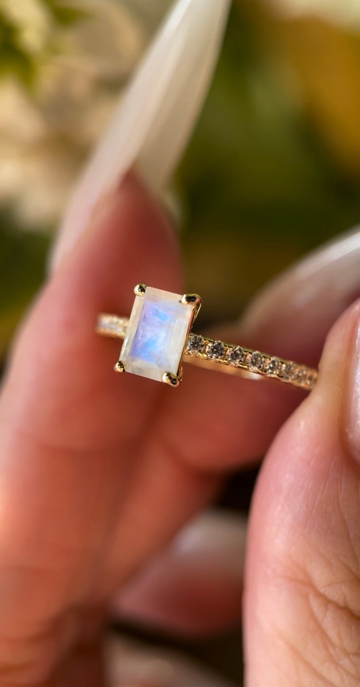 【Iris】Unique Handmade Natural Blue Moonstone Engagement Ring 1ct Emerald Cut
