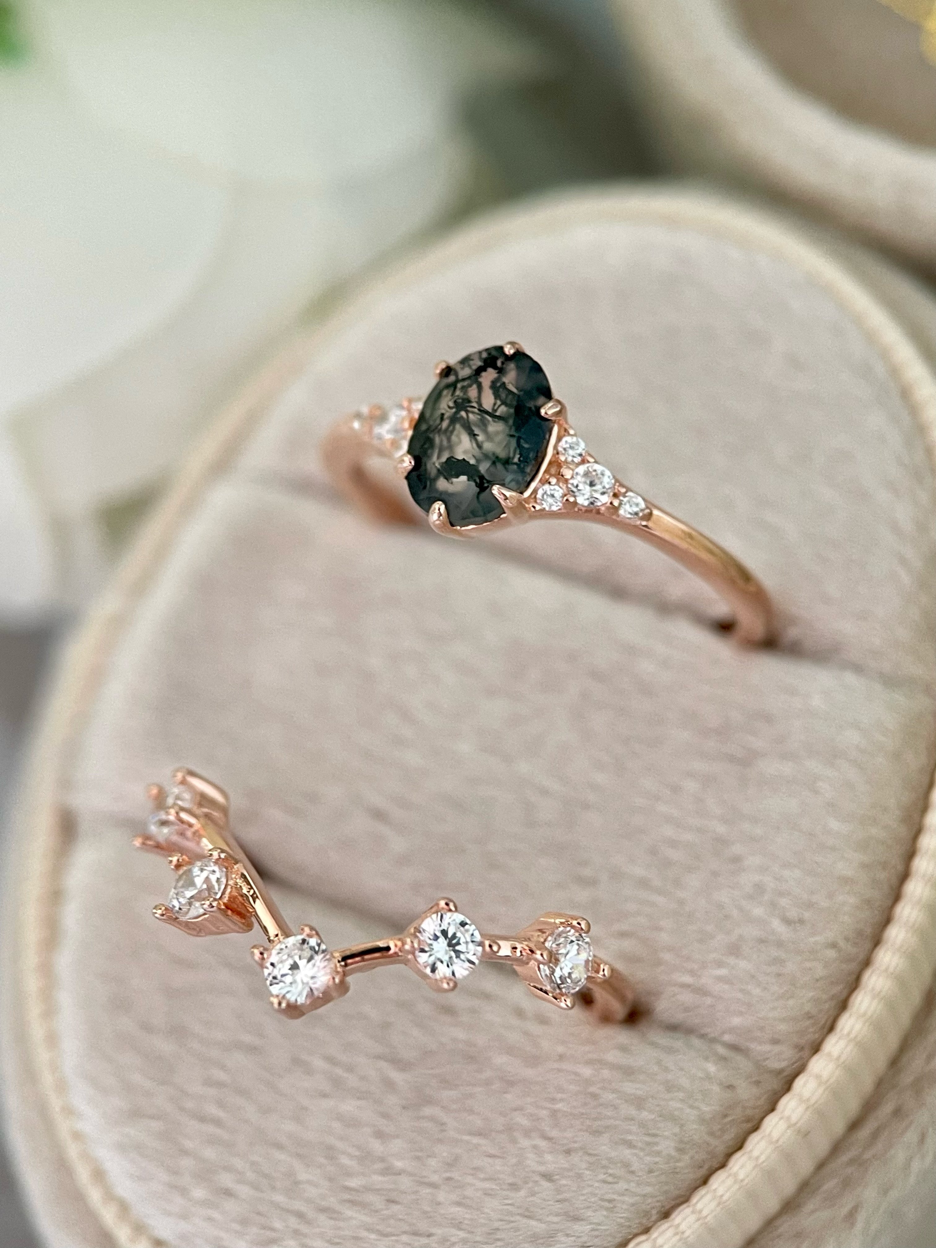 【Ensemble Aetheria】 Ensemble de bagues de fiançailles uniques en agate de mousse naturelle faite à la main, 2 pièces de forme ovale de 0,75 ct