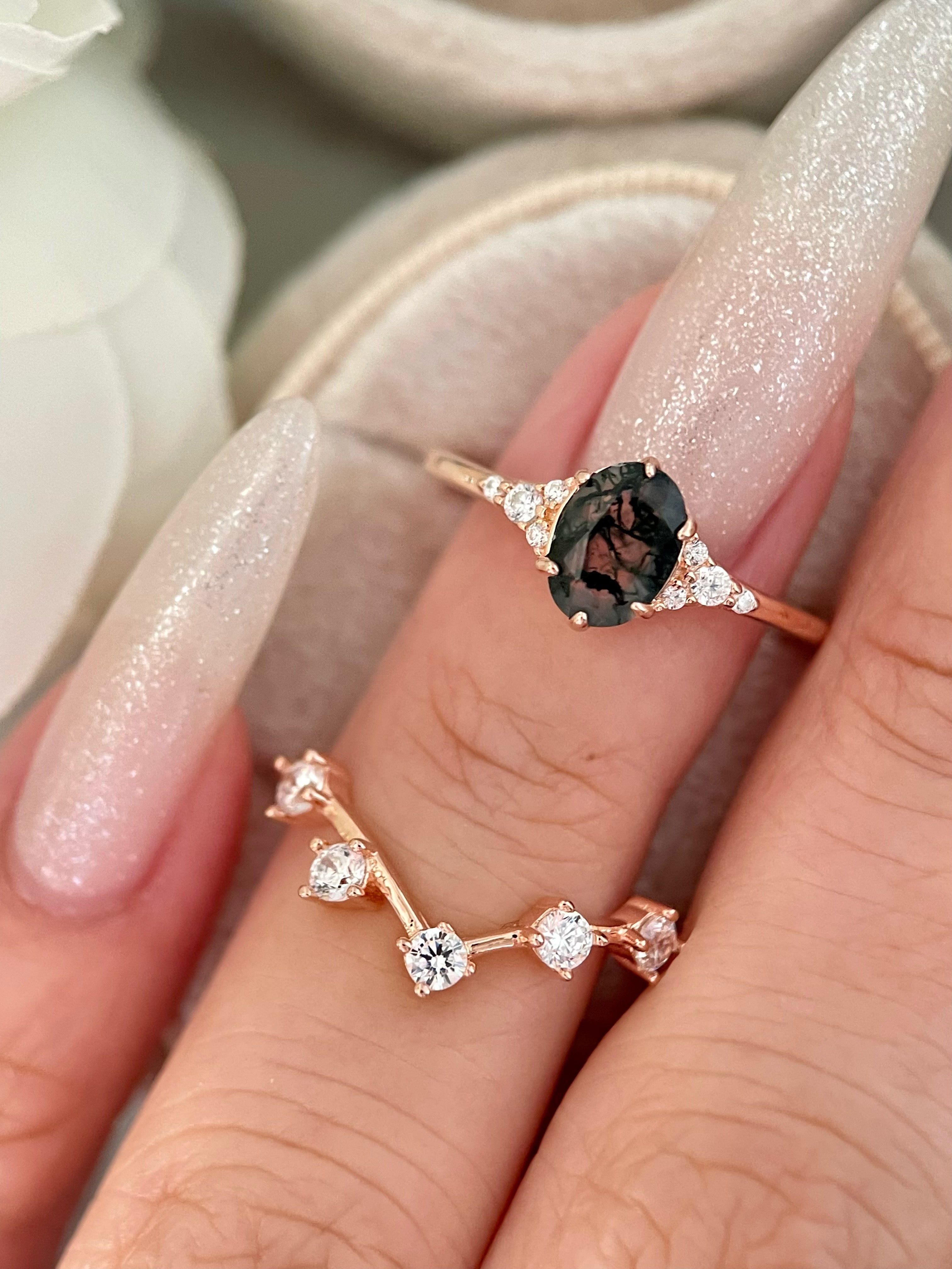 【Aetheria Set】Unique Handmade Natural Moss Agate Engagement Ring Set 2pcs 0.75ct Oval Cut