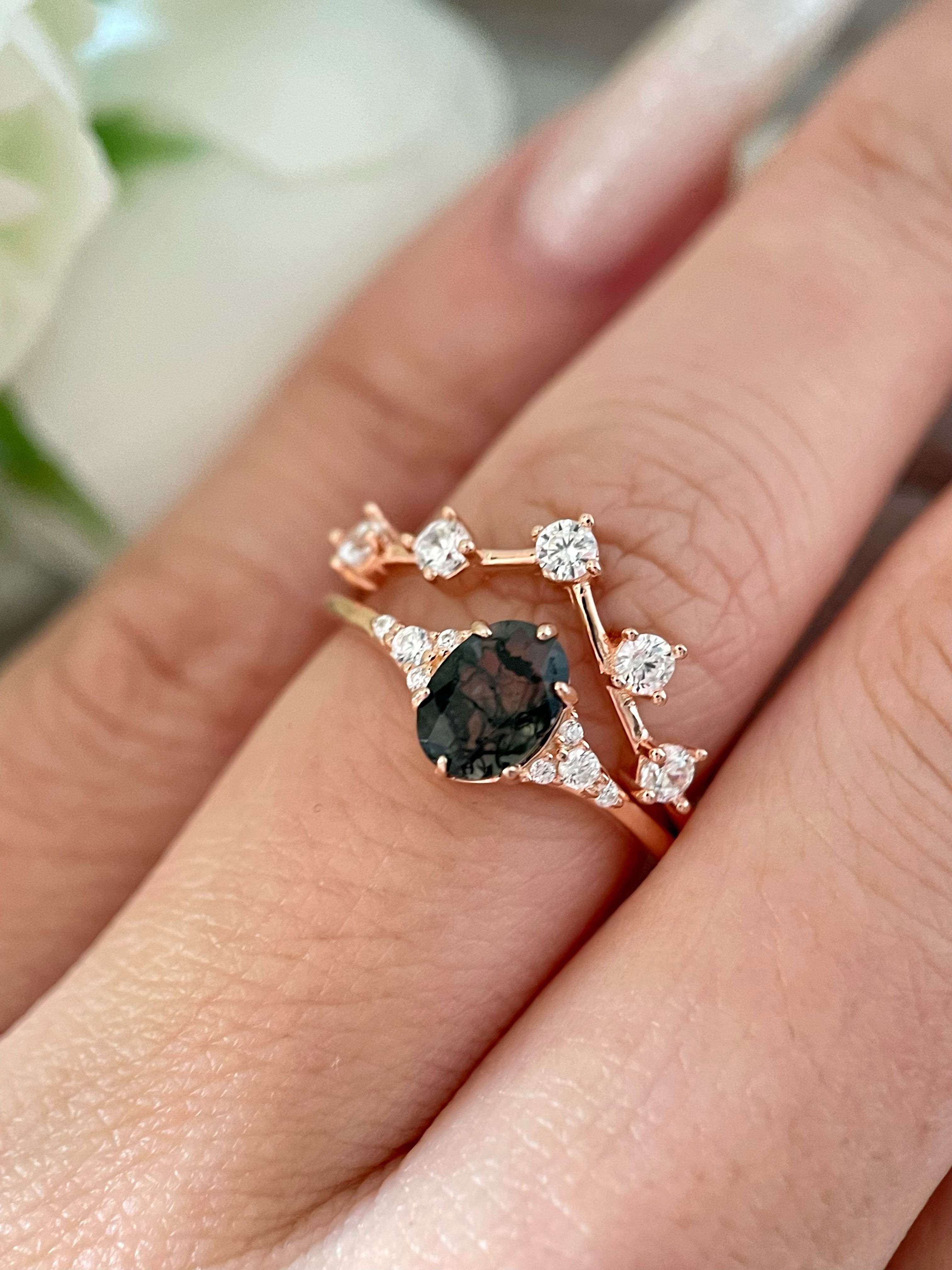 【Ensemble Aetheria】 Ensemble de bagues de fiançailles uniques en agate de mousse naturelle faite à la main, 2 pièces de forme ovale de 0,75 ct