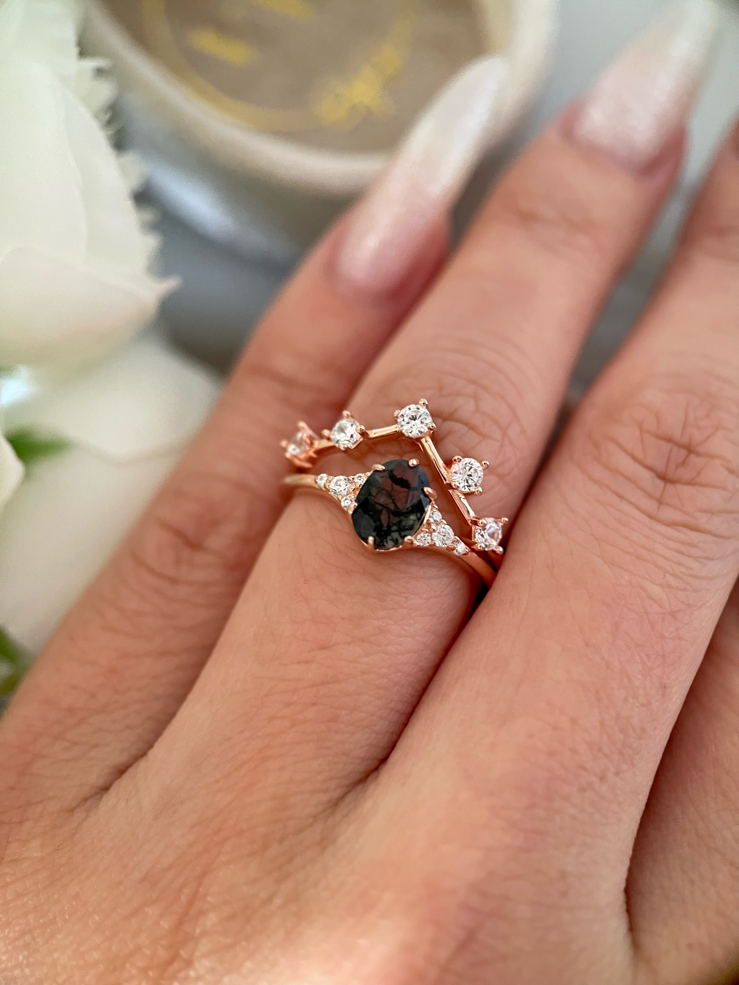 【Ensemble Aetheria】 Ensemble de bagues de fiançailles uniques en agate de mousse naturelle faite à la main, 2 pièces de forme ovale de 0,75 ct