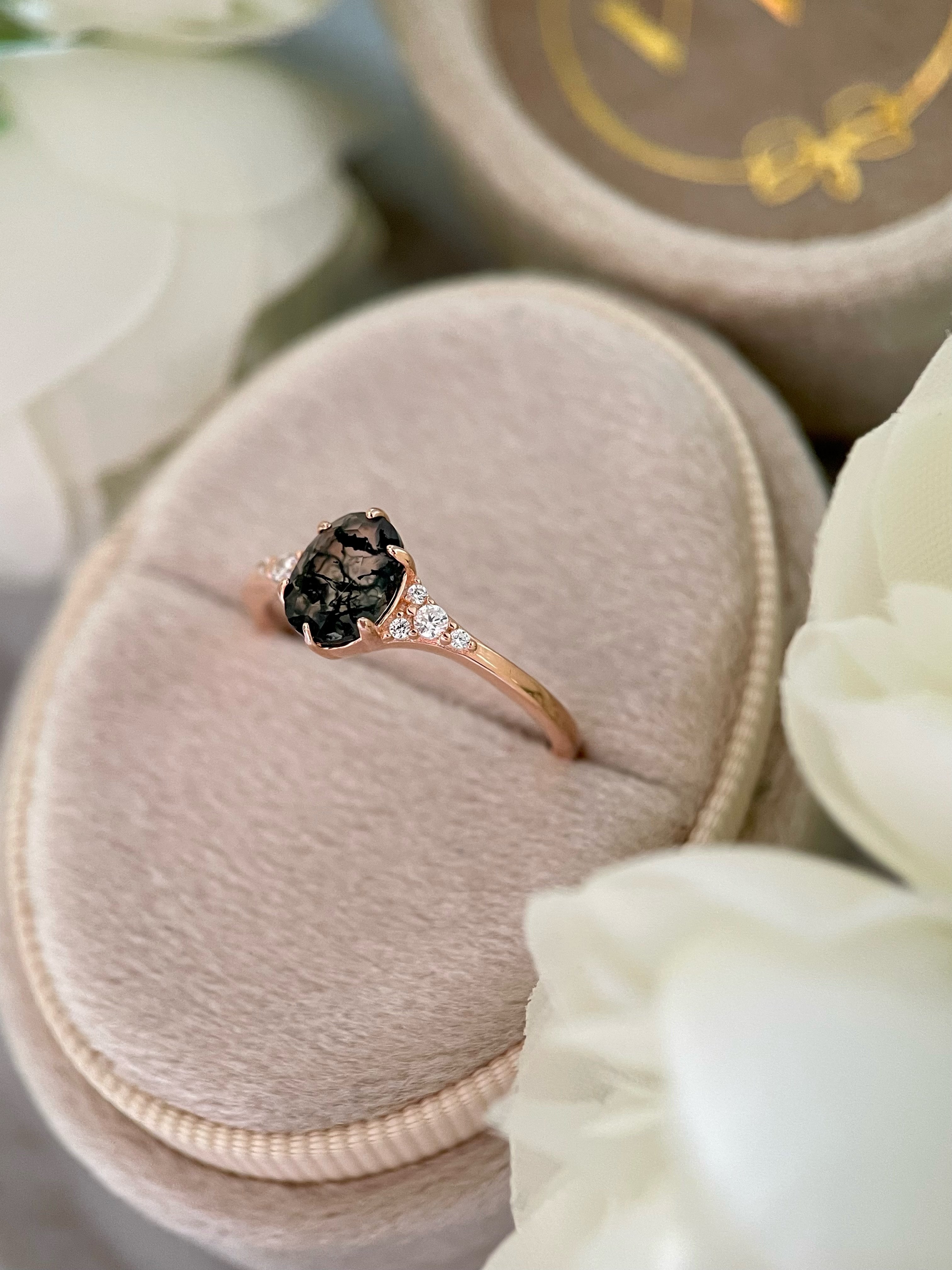 【Aetheria】Unique Handmade Natural Moss Agate Engagement Ring 0.75ct Oval Cut