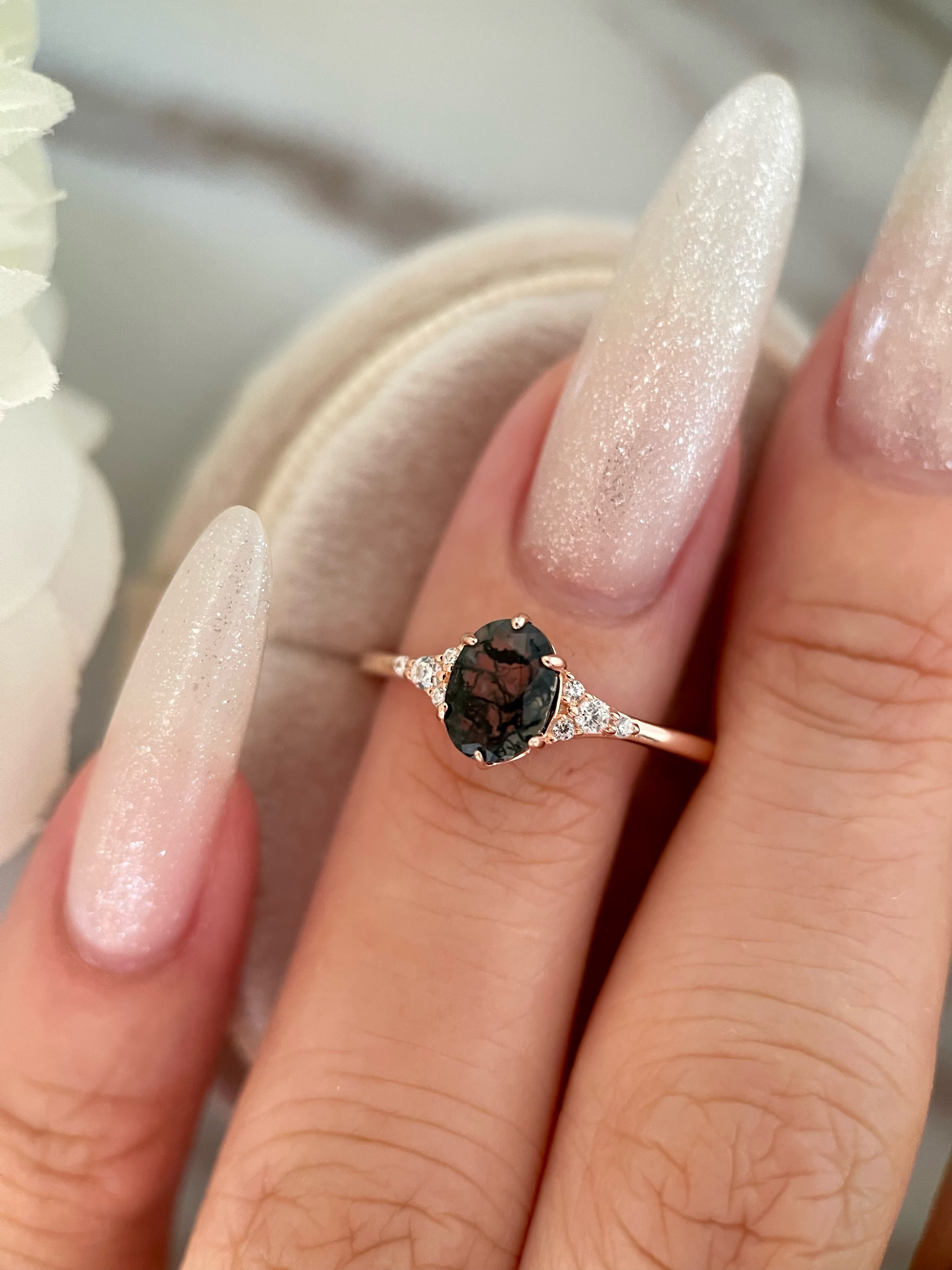 【Aetheria】Unique Handmade Natural Moss Agate Engagement Ring 0.75ct Oval Cut