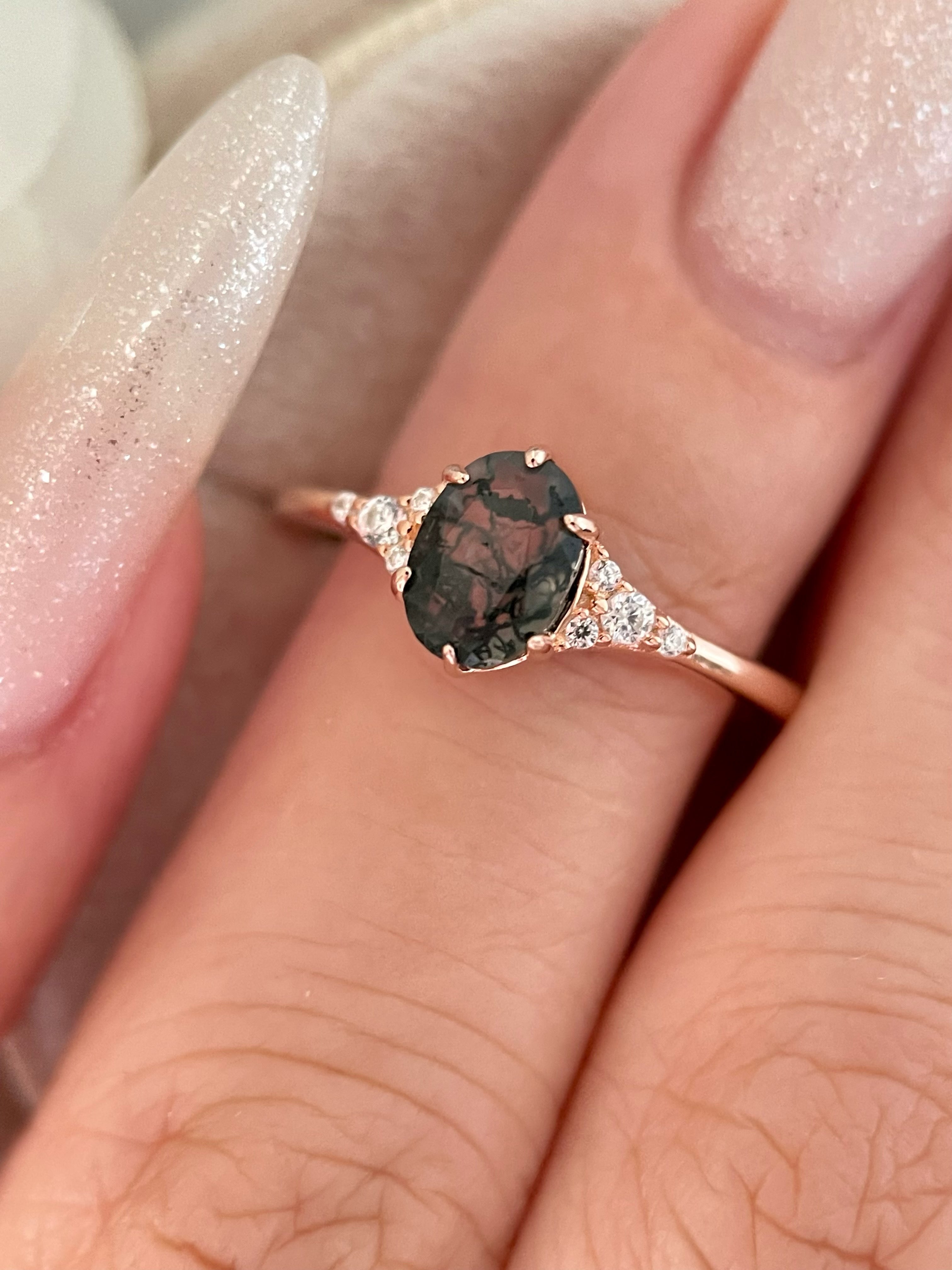 【Aetheria】Unique Handmade Natural Moss Agate Engagement Ring 0.75ct Oval Cut