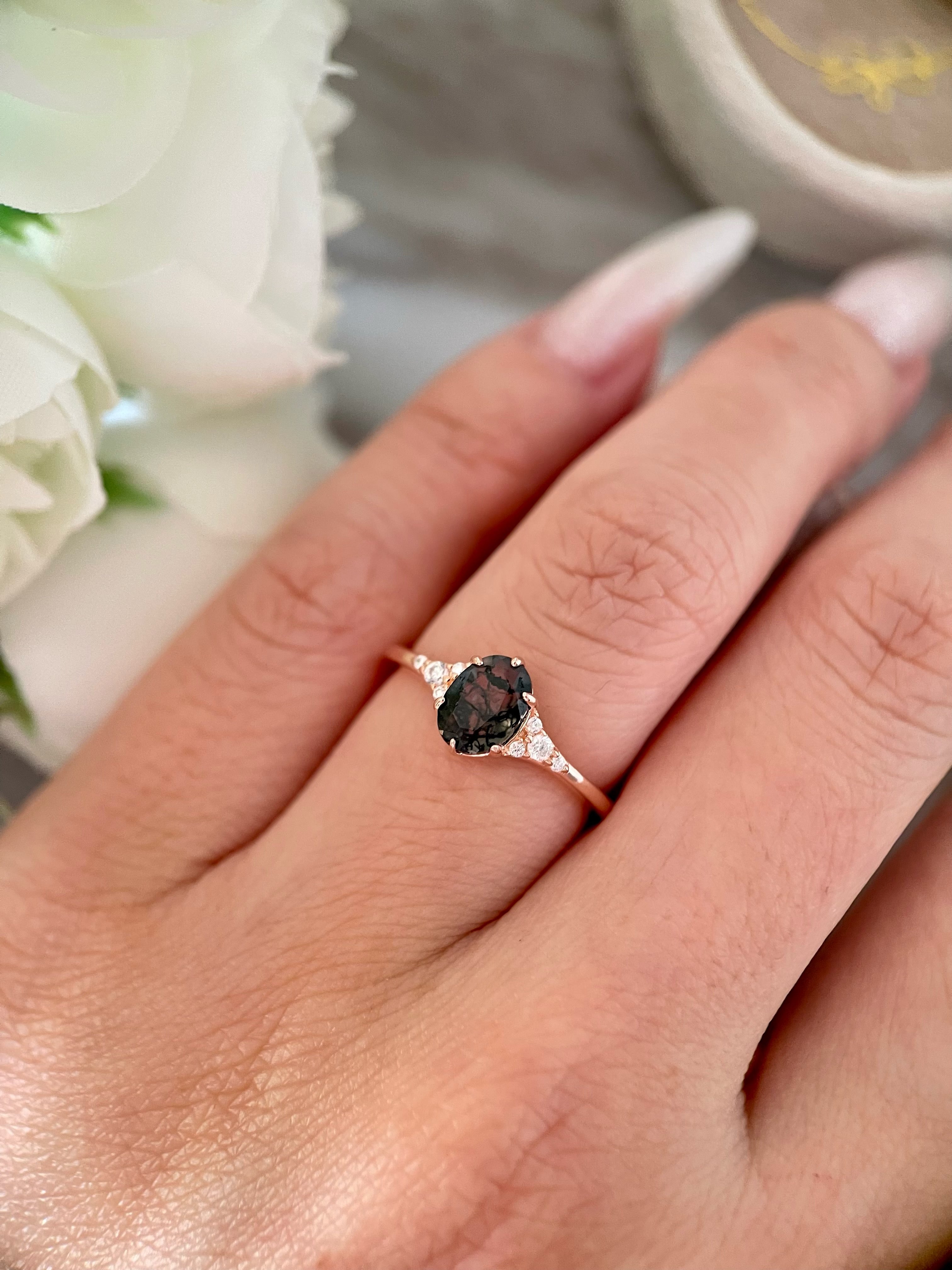 【Aetheria】Unique Handmade Natural Moss Agate Engagement Ring 0.75ct Oval Cut