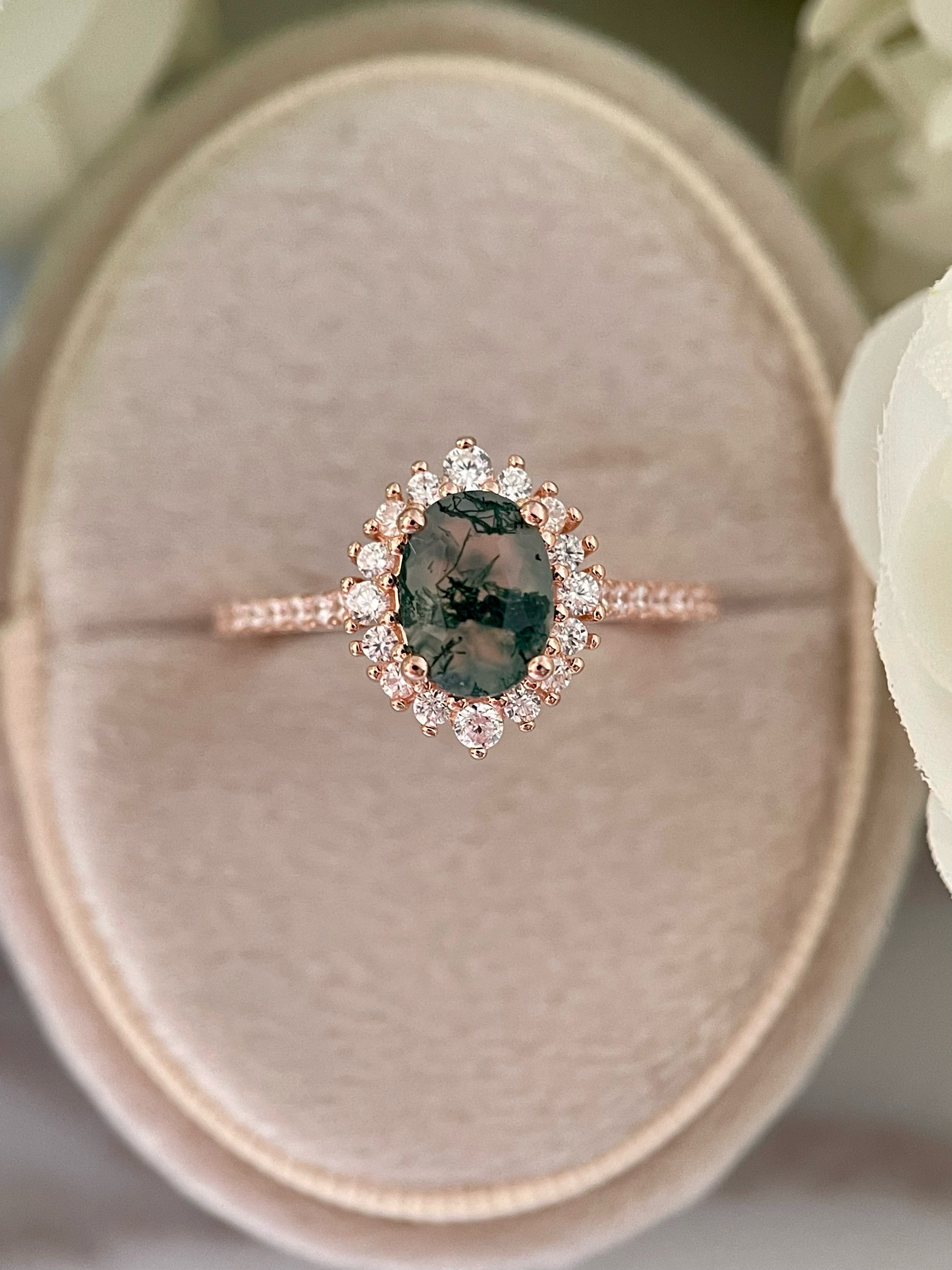 【Solara】Unique Handmade Natural Moss Agate Engagement Ring 1.5ct Oval Cut