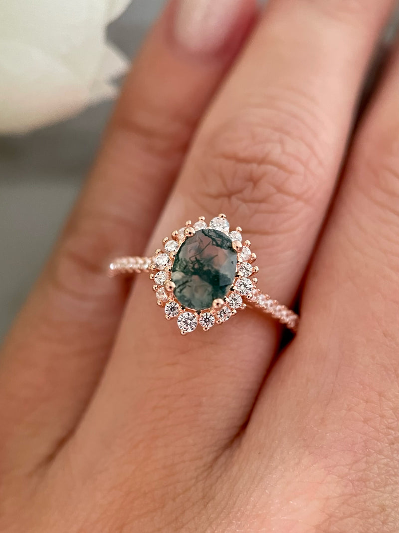 【Solara】Bague de fiançailles unique, faite main, en agate mousse naturelle de 1,5 ct, forme ovale