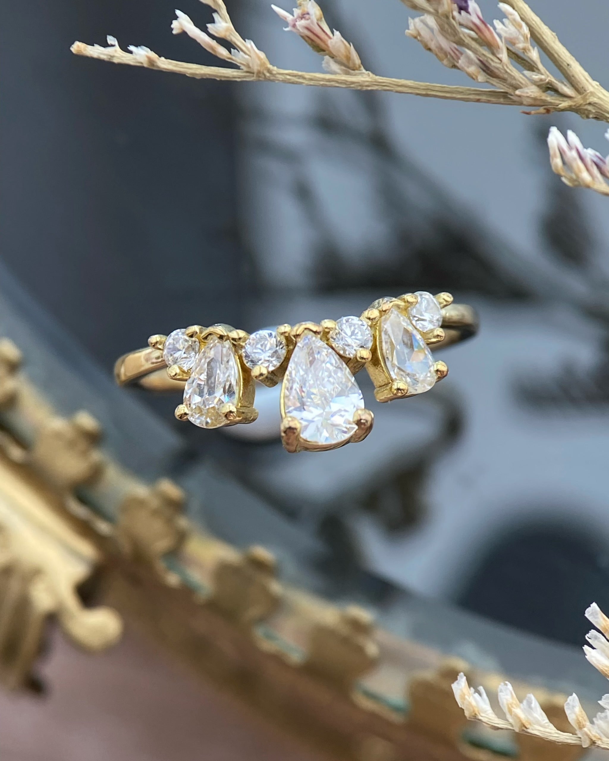 The Seraph | Handmade Curved Pear & Round Cluster Crown Wedding Band