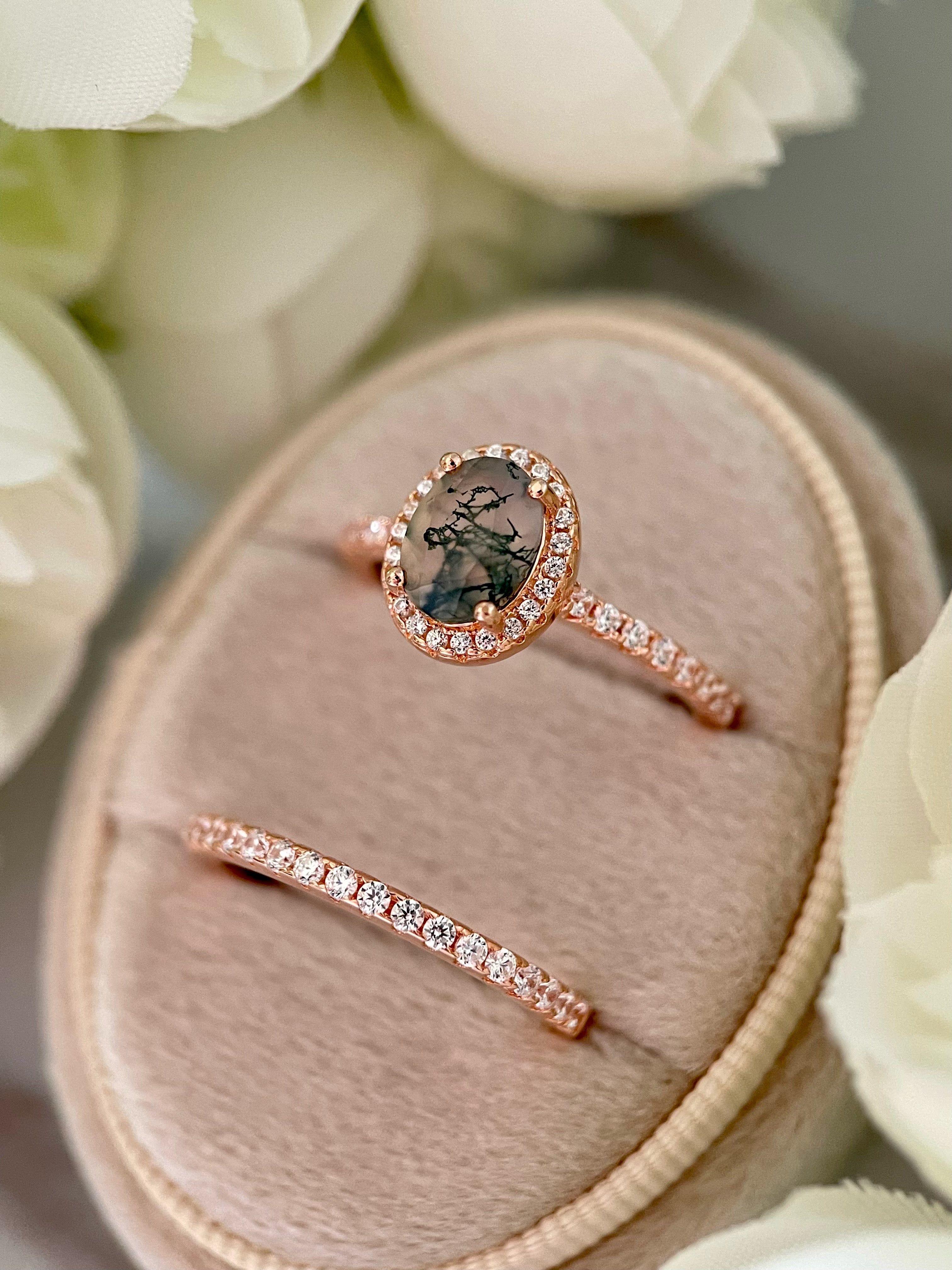 【Ensemble Enchanted Grovec】Ensemble unique de bagues de fiançailles en agate mousse naturelle faite à la main, 2 pièces, 1,5 ct, forme ovale