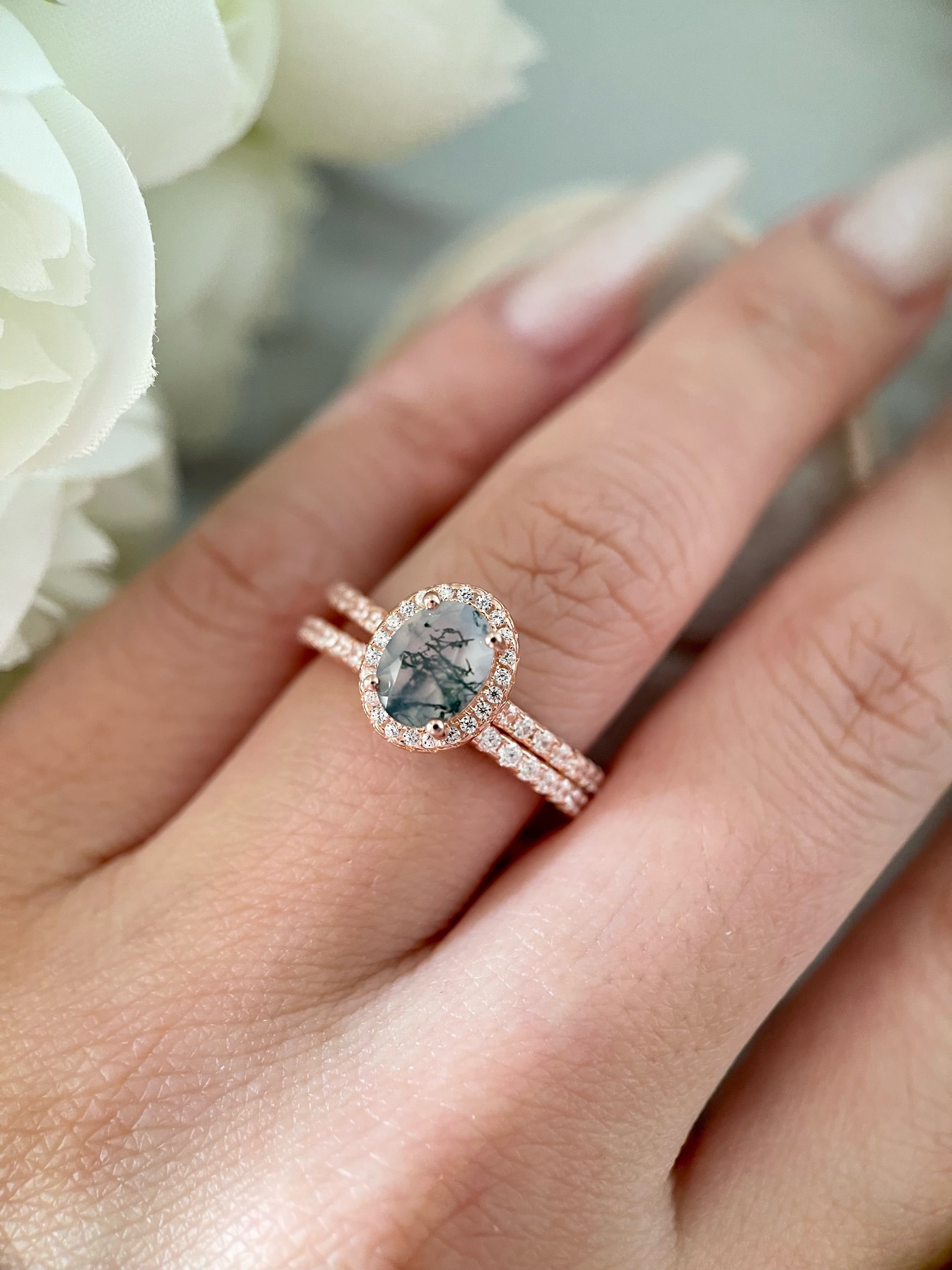 【Enchanted Grove Set】Unique Handmade Natural Moss Agate Engagement Ring Set 2pcs 1.5ct Oval Cut