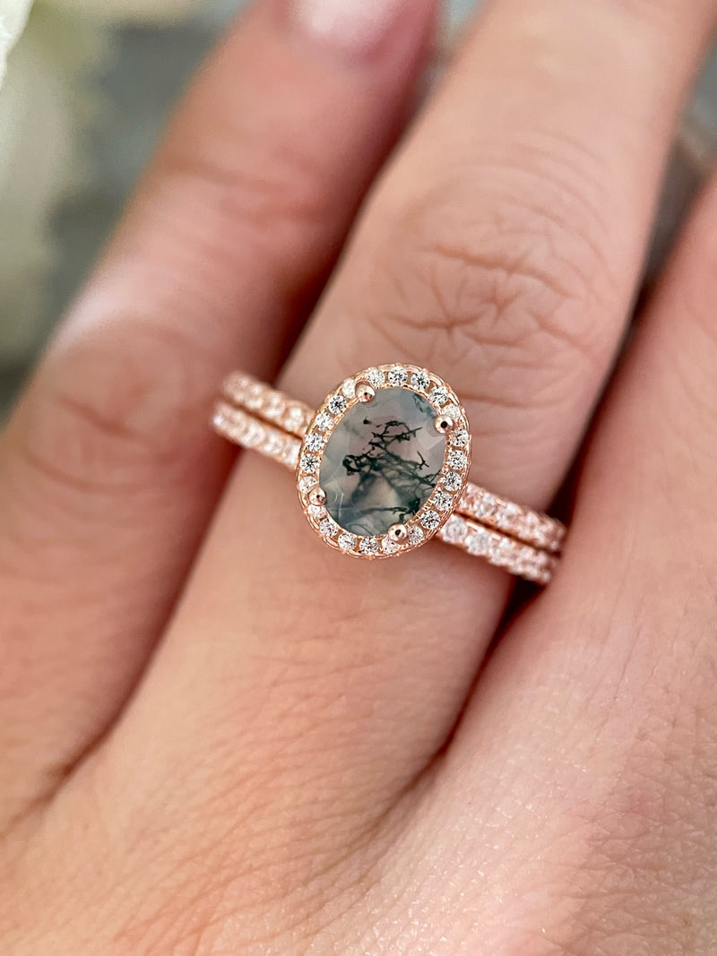 【Ensemble Enchanted Grovec】Ensemble unique de bagues de fiançailles en agate mousse naturelle faite à la main, 2 pièces, 1,5 ct, forme ovale