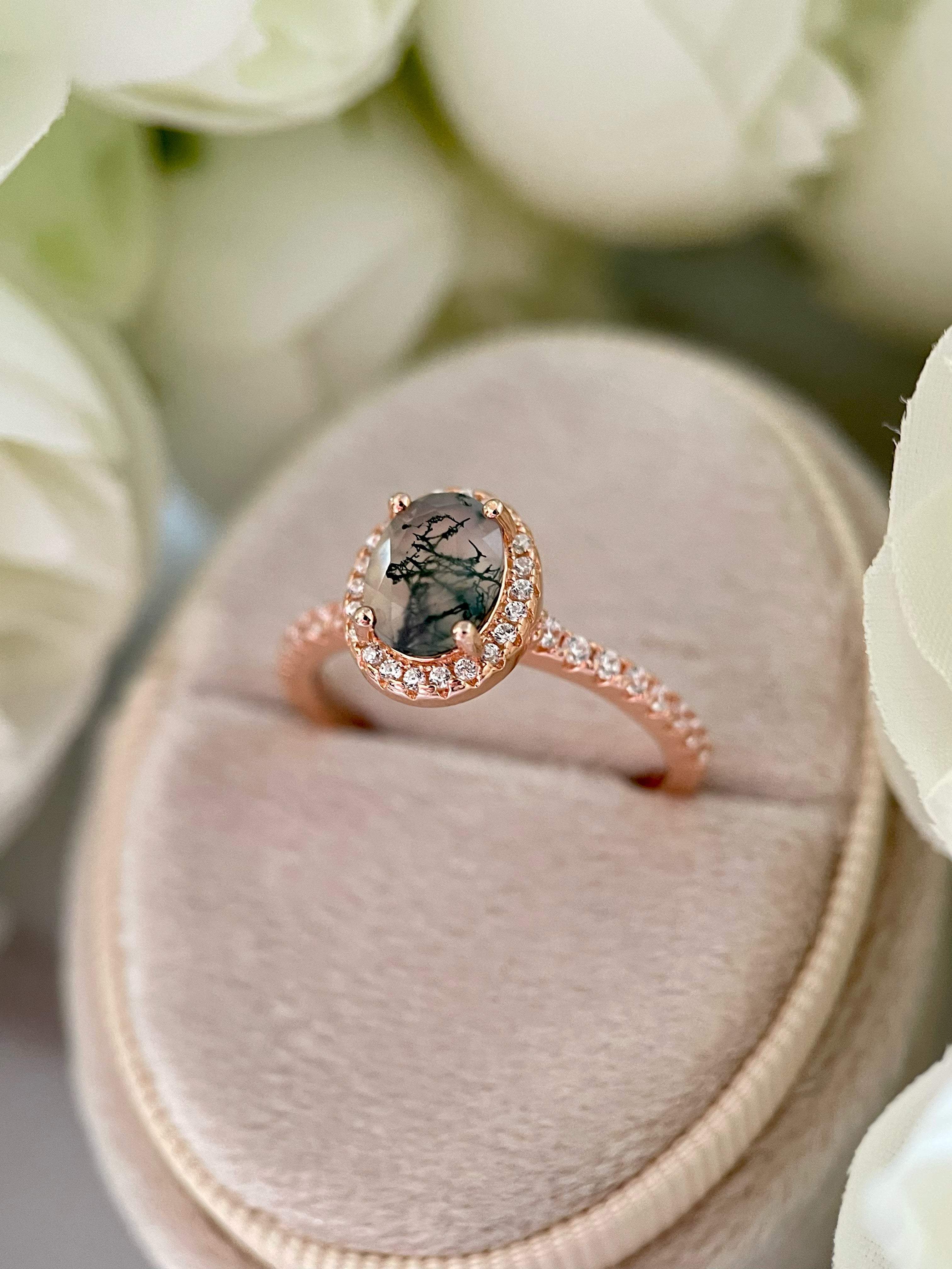 【Bosquet Enchanté】Bague de fiançailles unique en agate mousse naturelle faite à la main, 1,5 ct, forme ovale