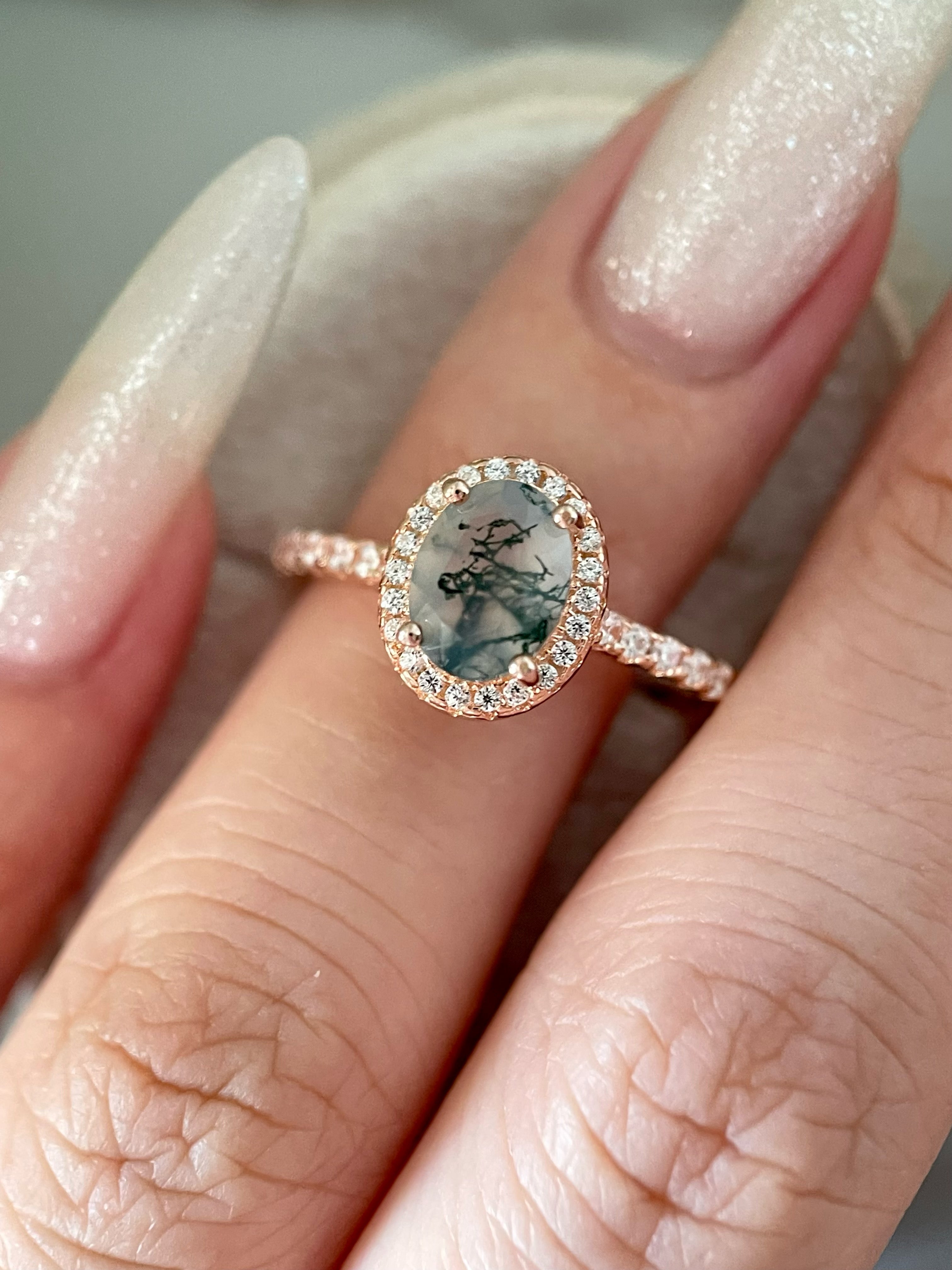【Enchanted Grove】Unique Handmade Natural Moss Agate Engagement Ring 1.5ct Oval Cut