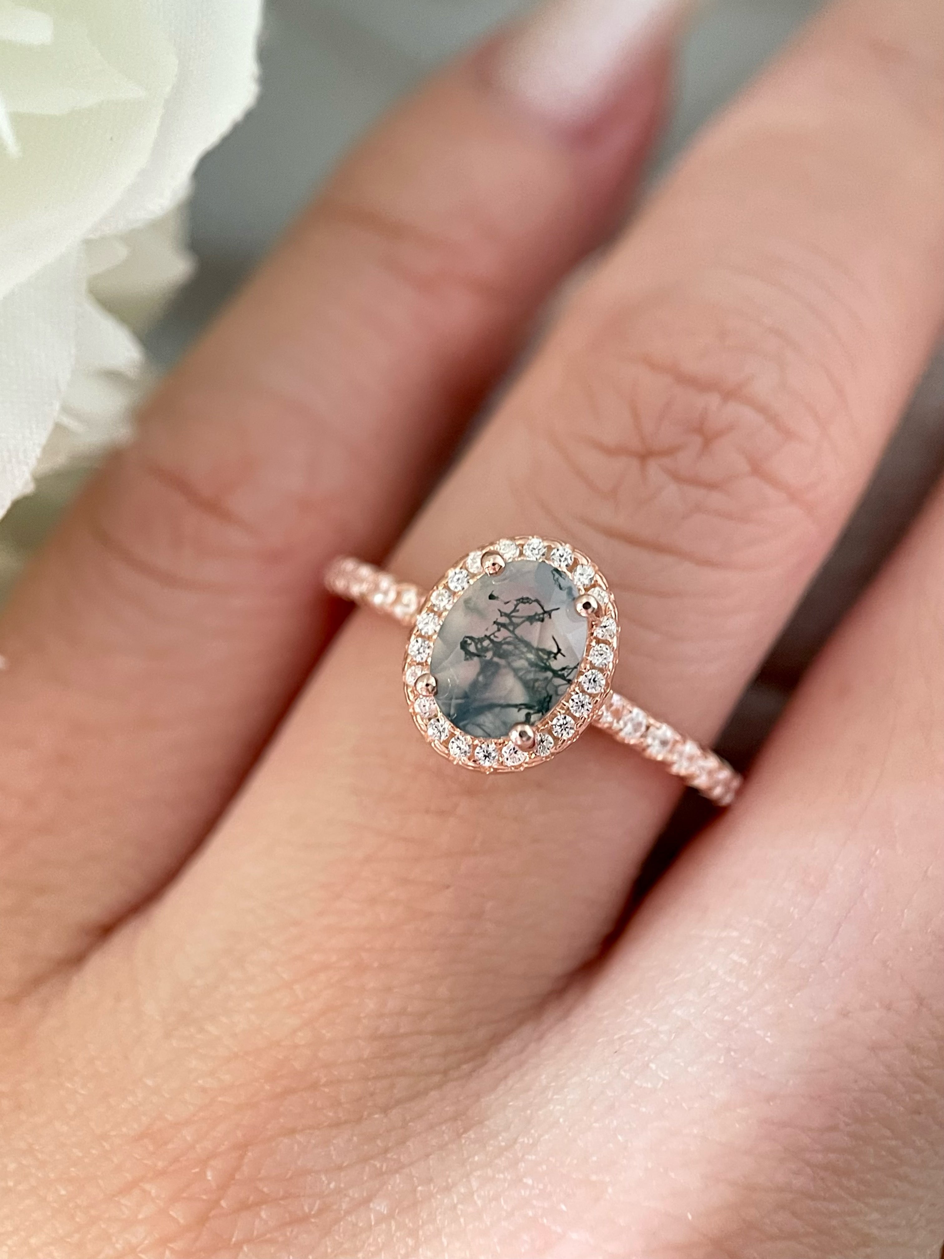 【Enchanted Grove】Unique Handmade Natural Moss Agate Engagement Ring 1.5ct Oval Cut