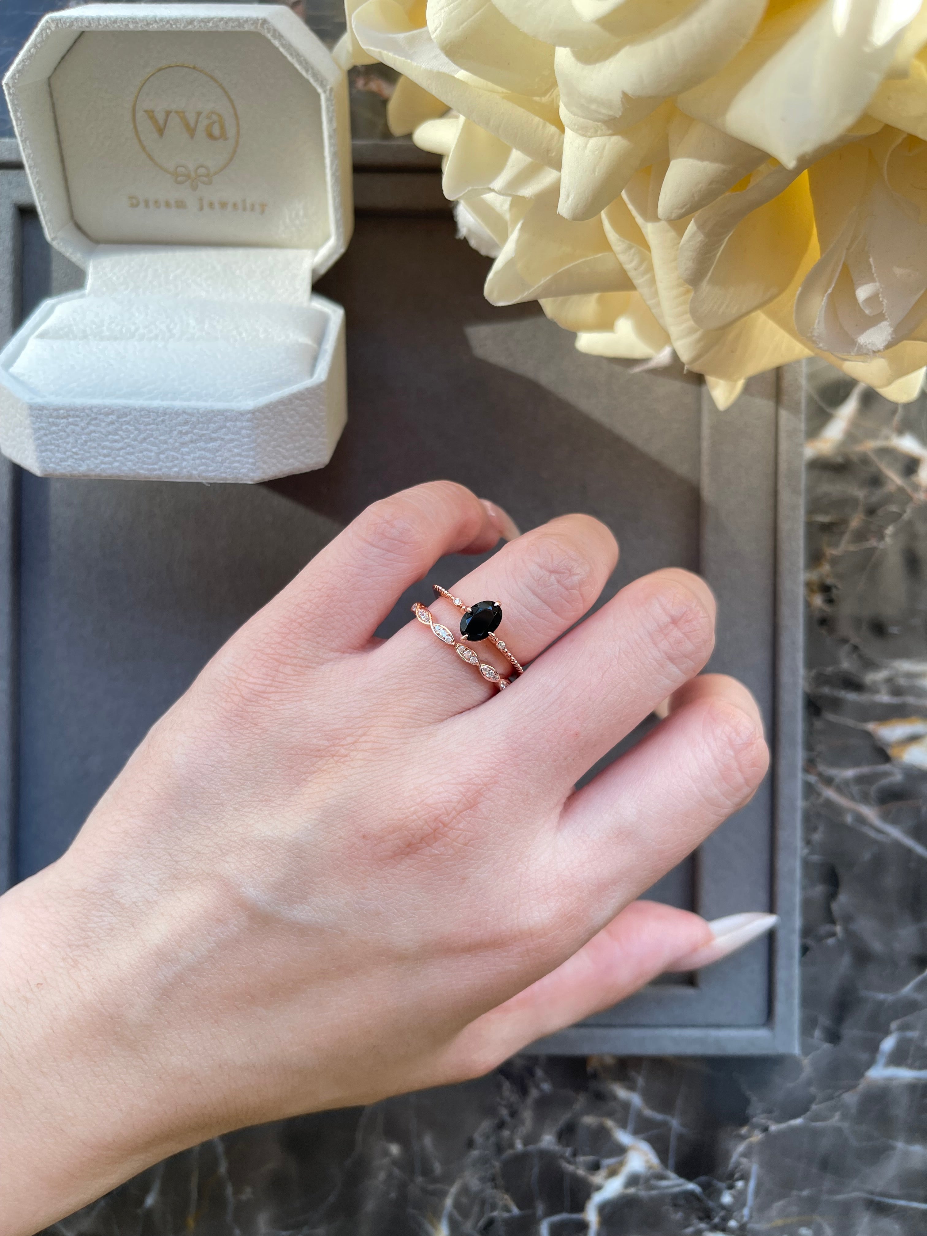 【Elysian Set】Handmade Natural Black Onyx Engagement Ring Set 2pcs 0.75ct Oval Shape