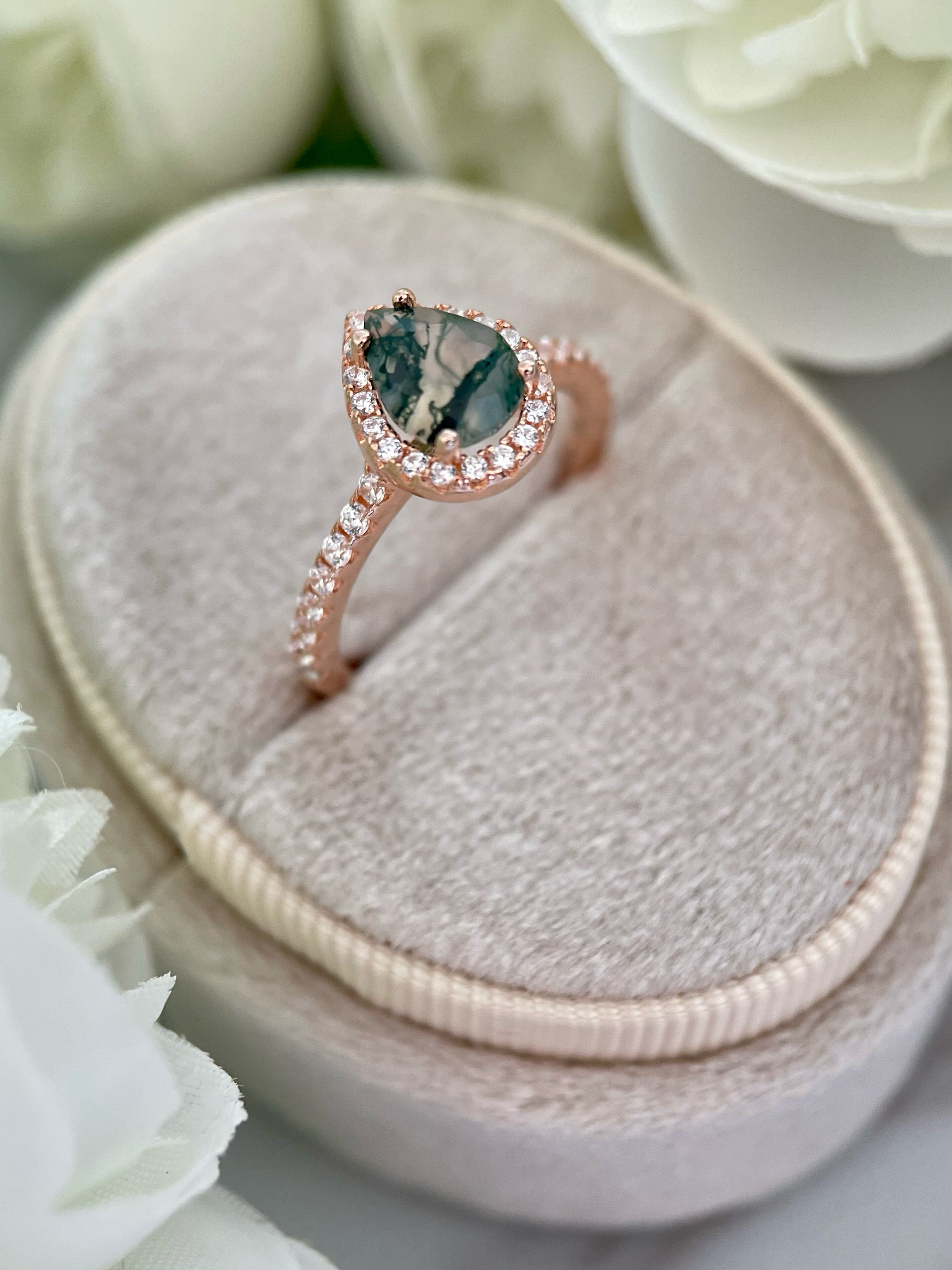 【Verdian】Bague de fiançailles unique en agate mousse naturelle faite à la main, 0,8 ct, forme poire