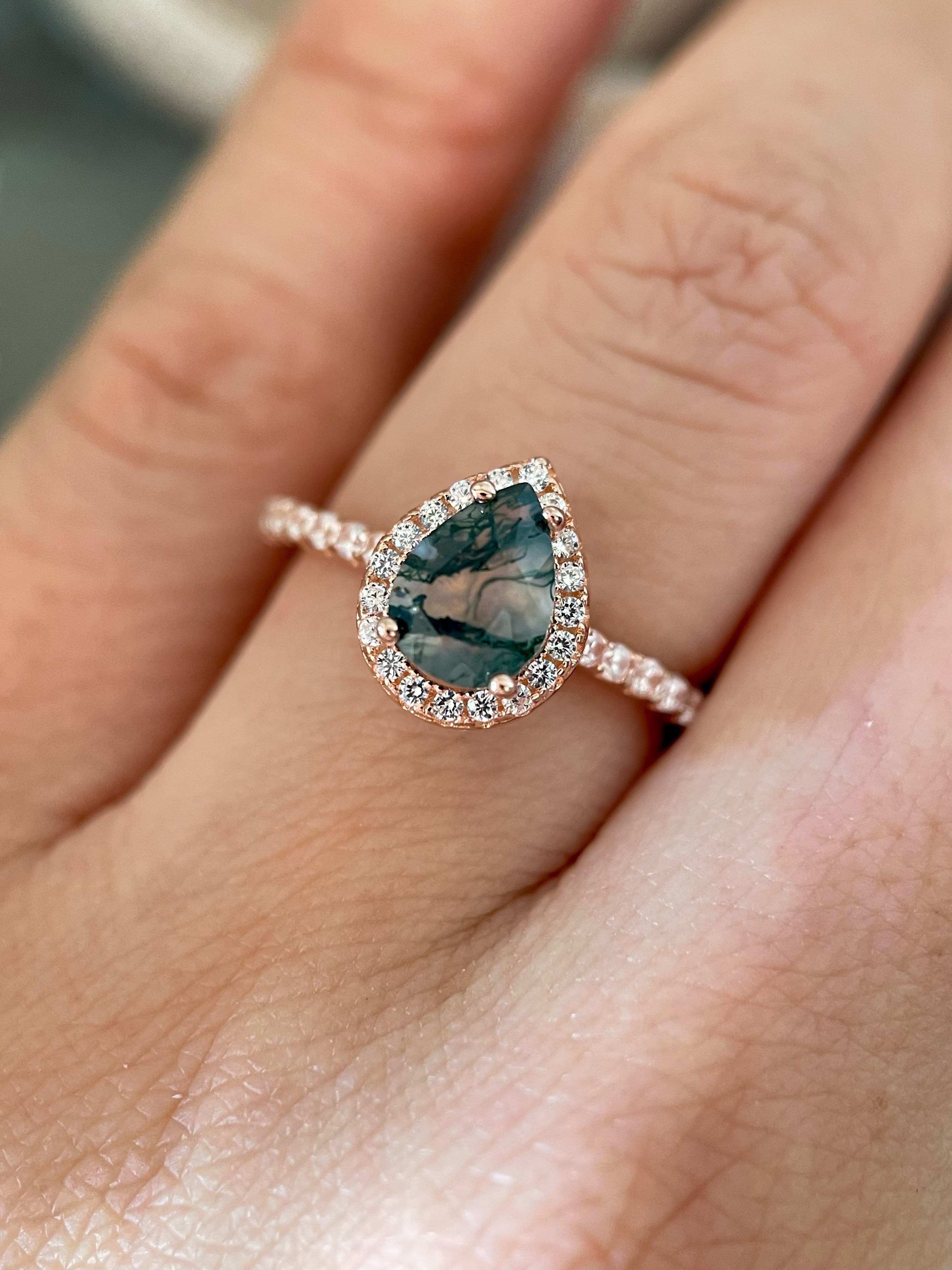 【Verdian】Unique Handmade Natural Moss Agate Engagement Ring 0.8ct Pear Cut