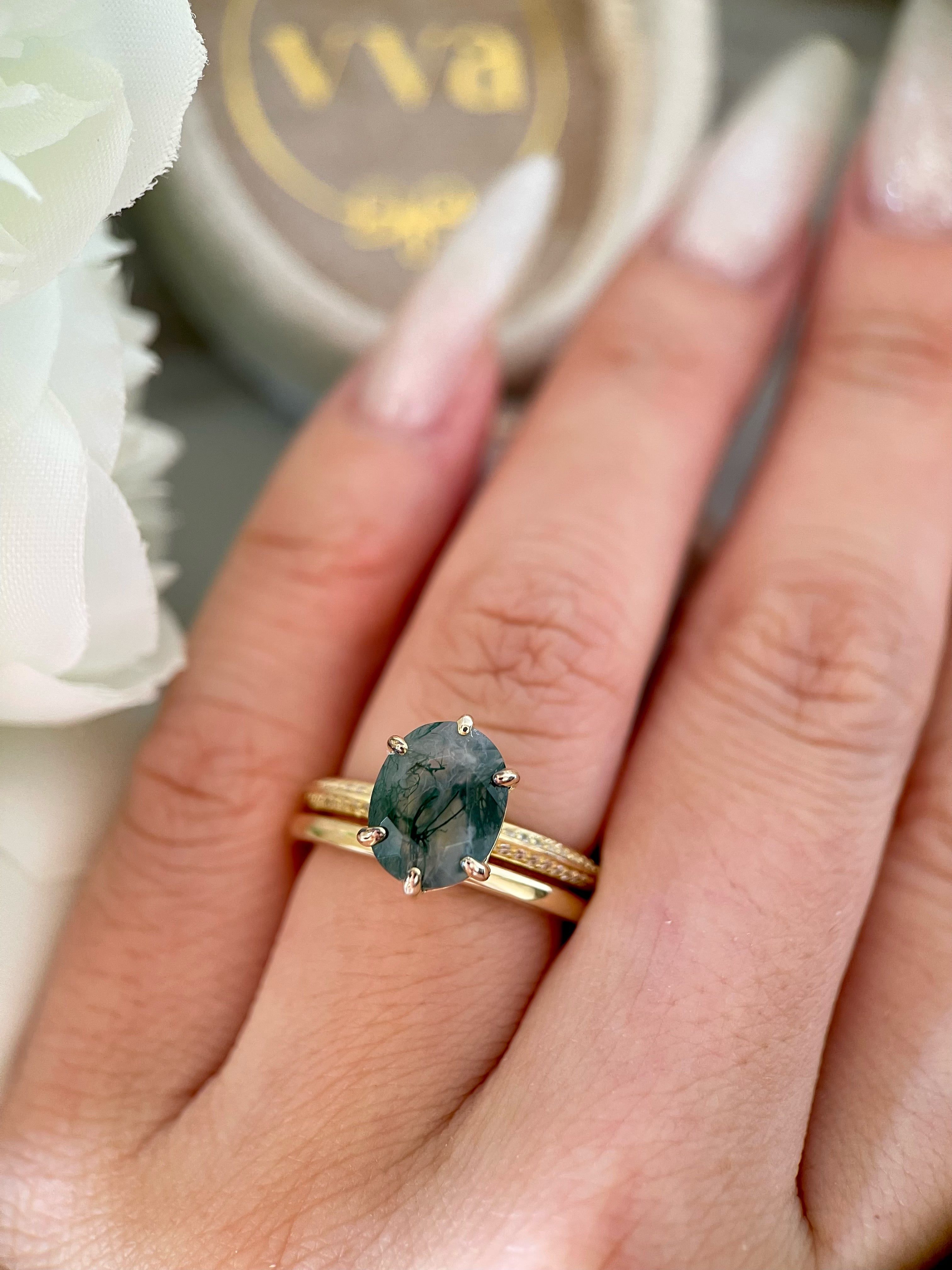 【Ensemble Mysterium】Ensemble unique de bagues de fiançailles en agate mousse naturelle faite à la main, 2 pièces, 3 carats, forme ovale