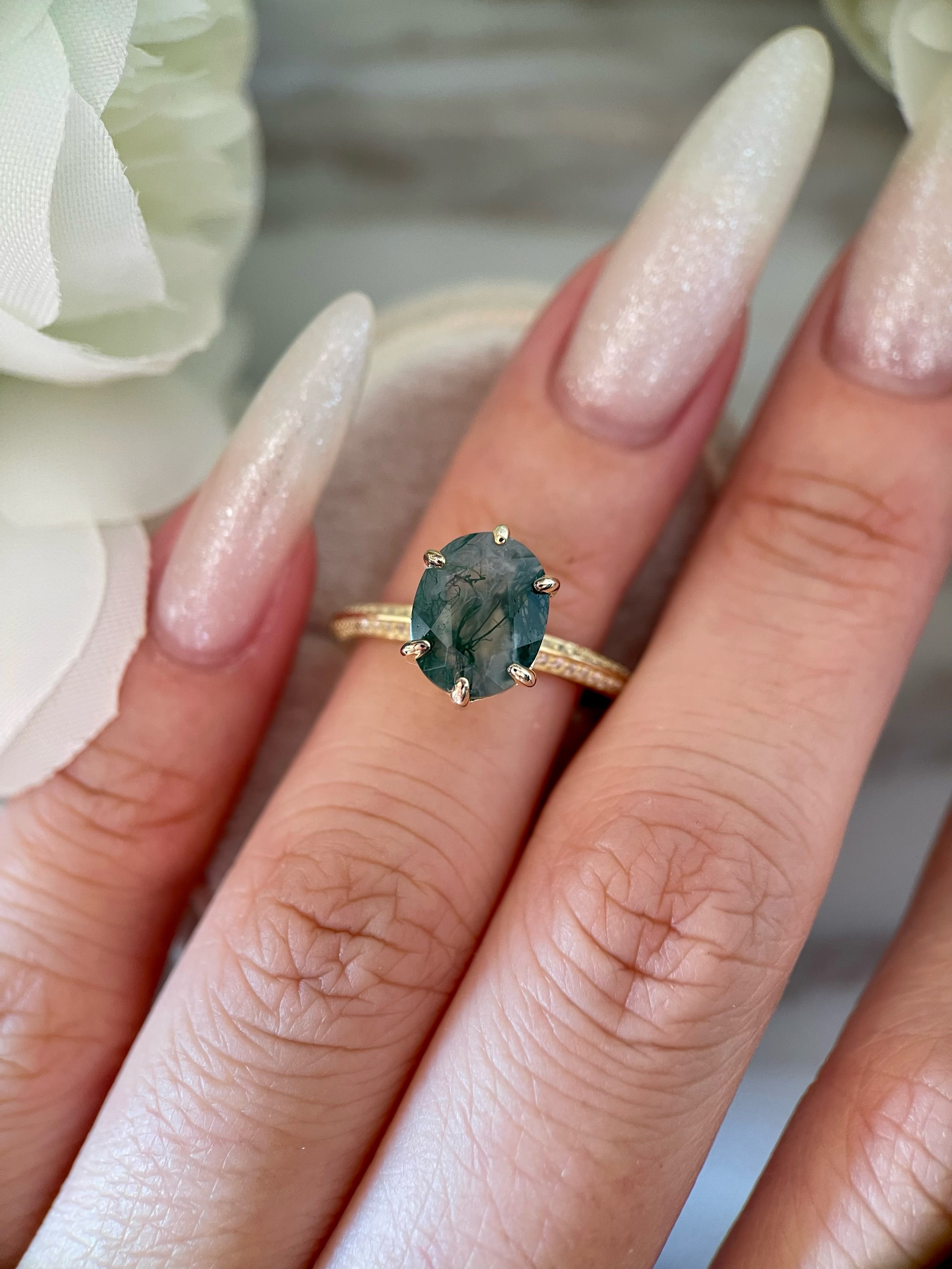 【Mysterium】Unique Handmade Natural Moss Agate Engagement Ring 3ct Oval Cut