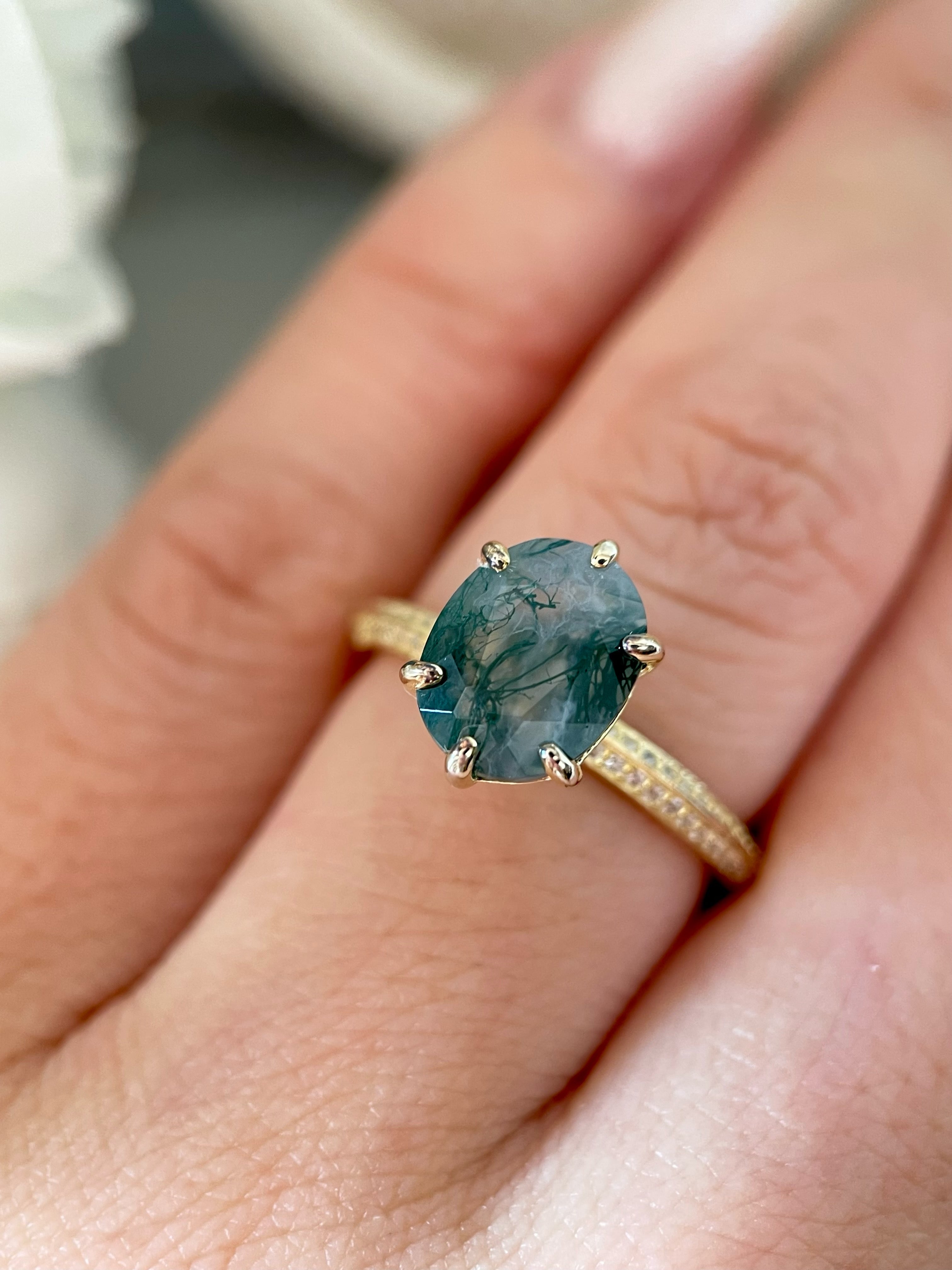 【Mysterium】Unique Handmade Natural Moss Agate Engagement Ring 3ct Oval Cut