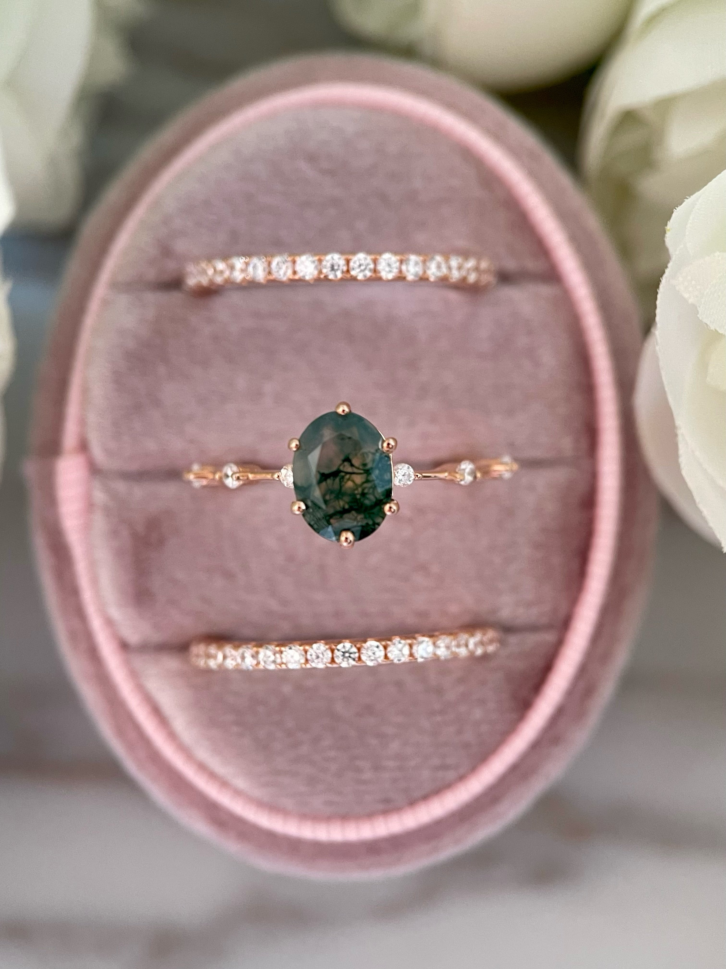 【Ensemble Rootkeeper】Ensemble unique de bagues de fiançailles en agate mousse naturelle faite à la main, 3 pièces, 1,5 ct, forme ovale