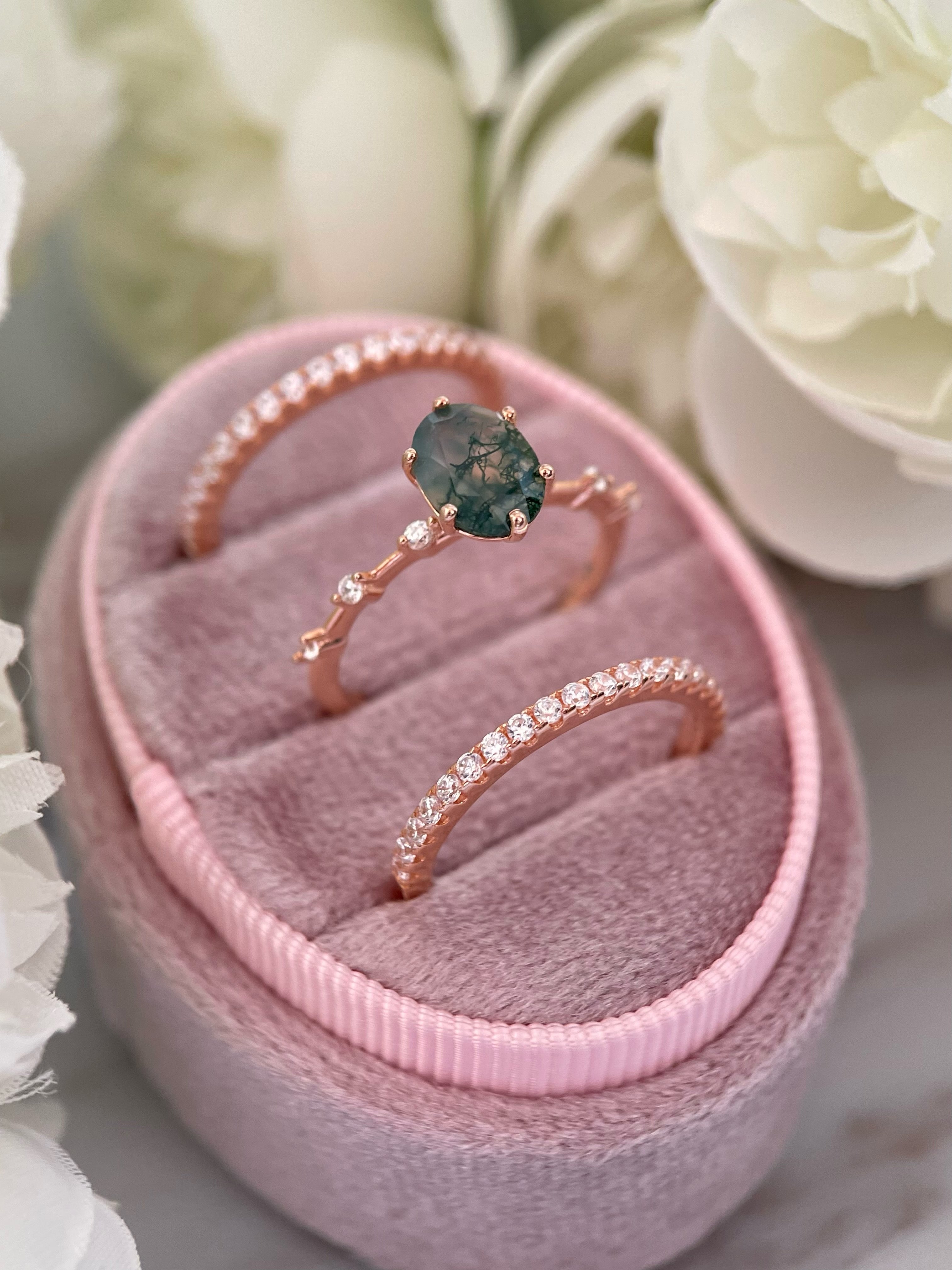 【Ensemble Rootkeeper】Ensemble unique de bagues de fiançailles en agate mousse naturelle faite à la main, 3 pièces, 1,5 ct, forme ovale