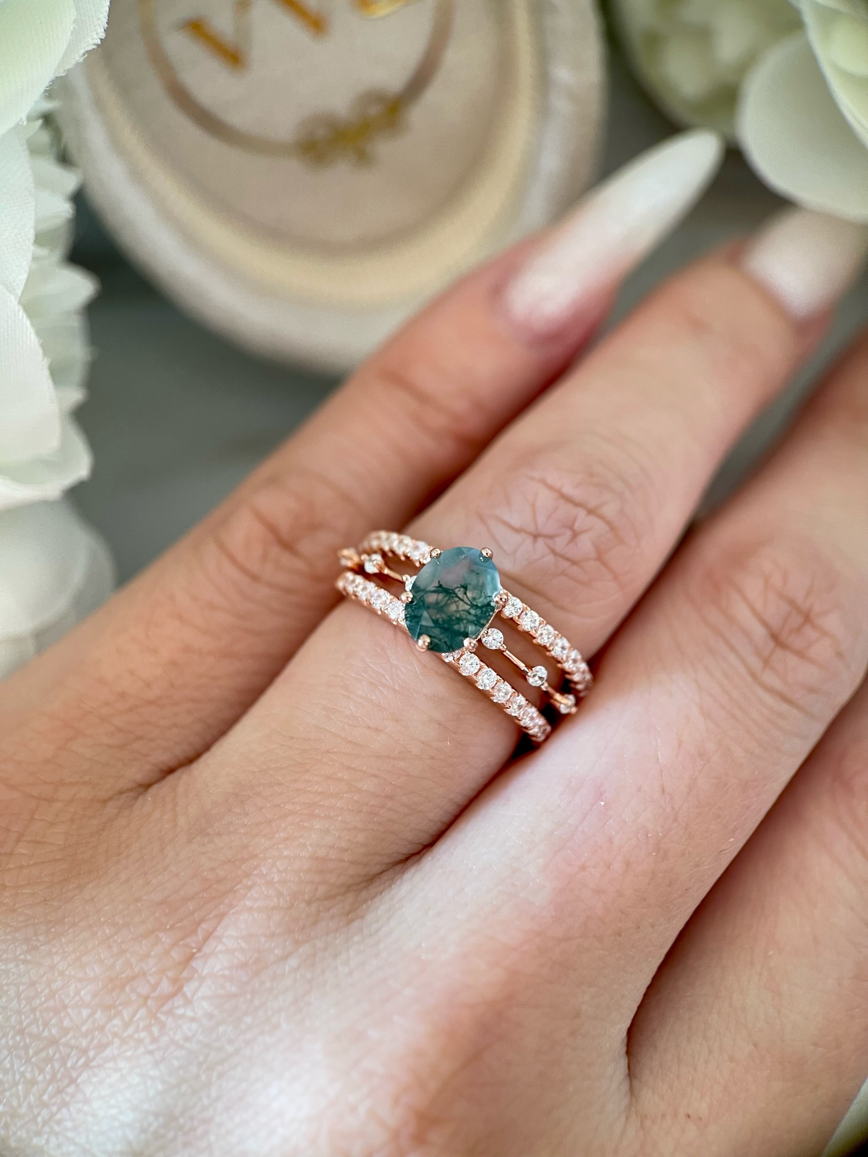 【Ensemble Rootkeeper】Ensemble unique de bagues de fiançailles en agate mousse naturelle faite à la main, 3 pièces, 1,5 ct, forme ovale