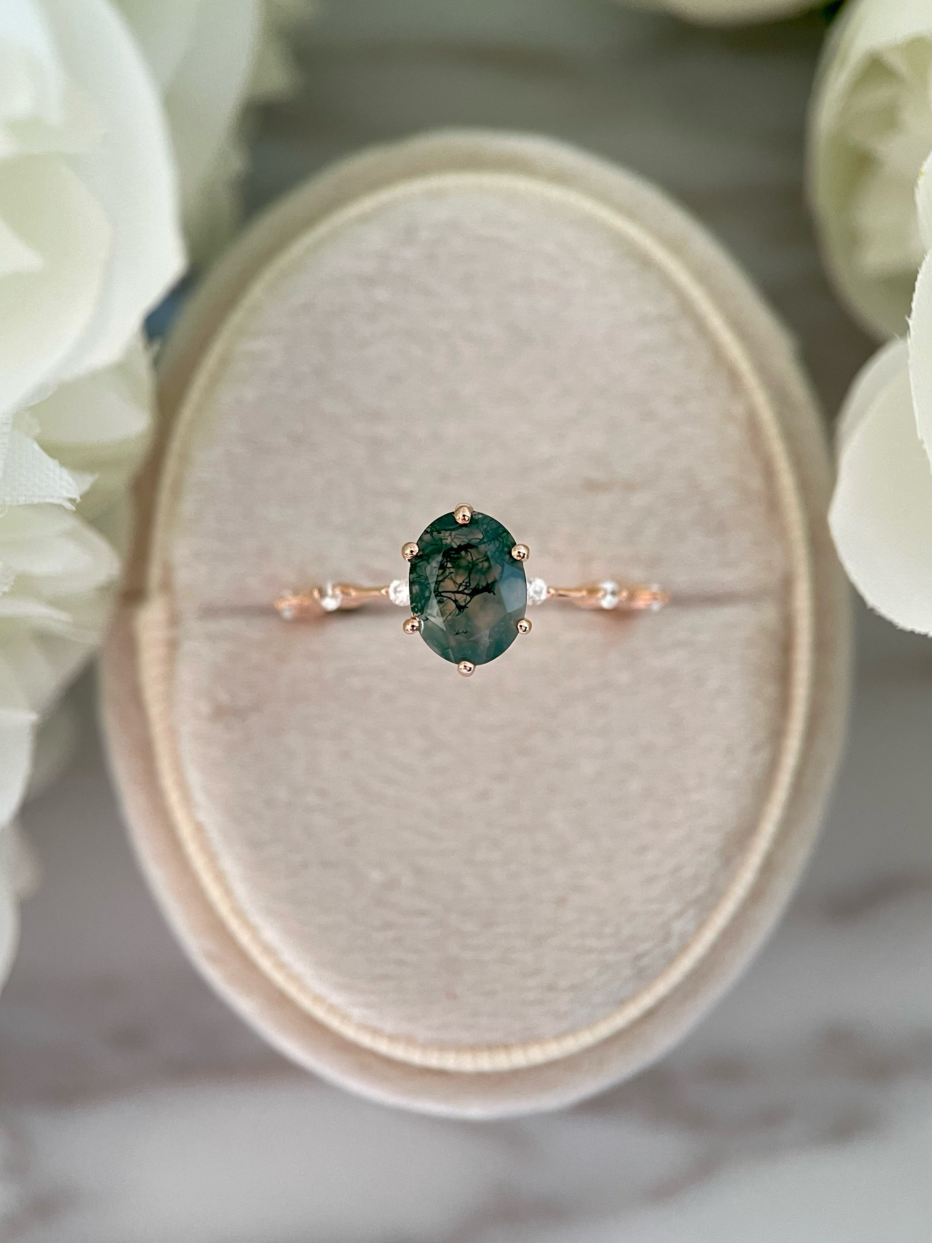 【Rootkeeper】Bague de fiançailles unique en agate mousse naturelle faite à la main, de forme ovale, 1,5 ct