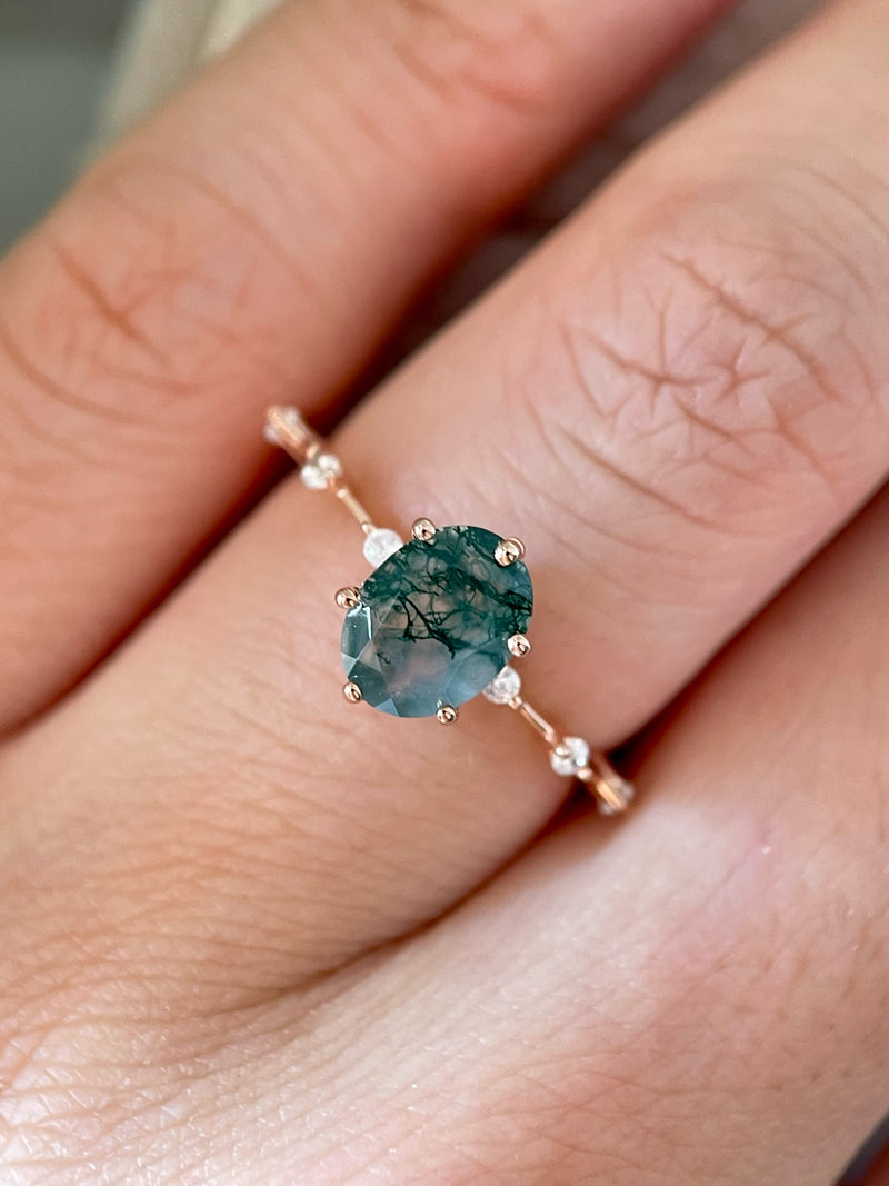 【Rootkeeper】Bague de fiançailles unique en agate mousse naturelle faite à la main, de forme ovale, 1,5 ct