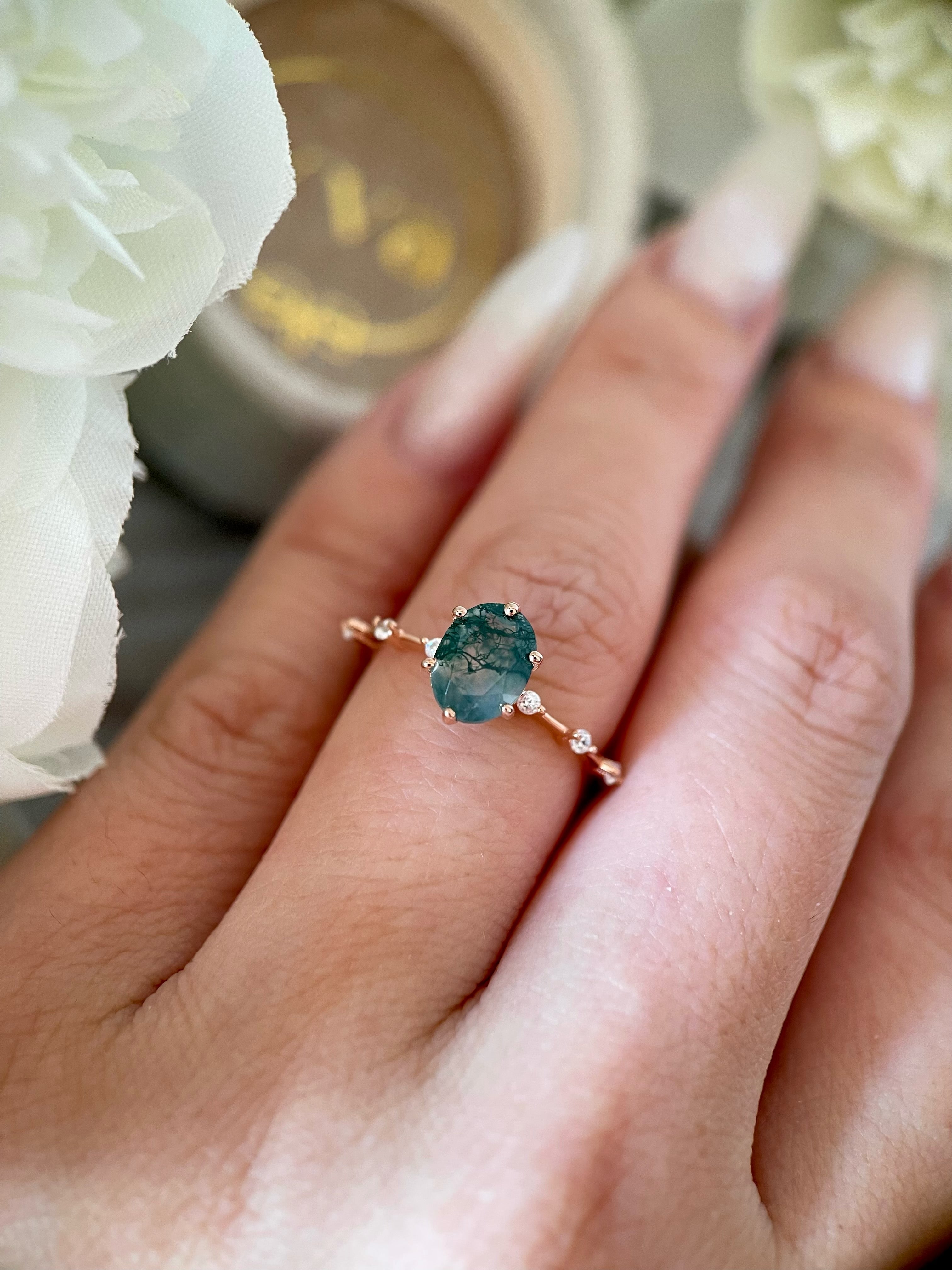 【Rootkeeper】Bague de fiançailles unique en agate mousse naturelle faite à la main, de forme ovale, 1,5 ct