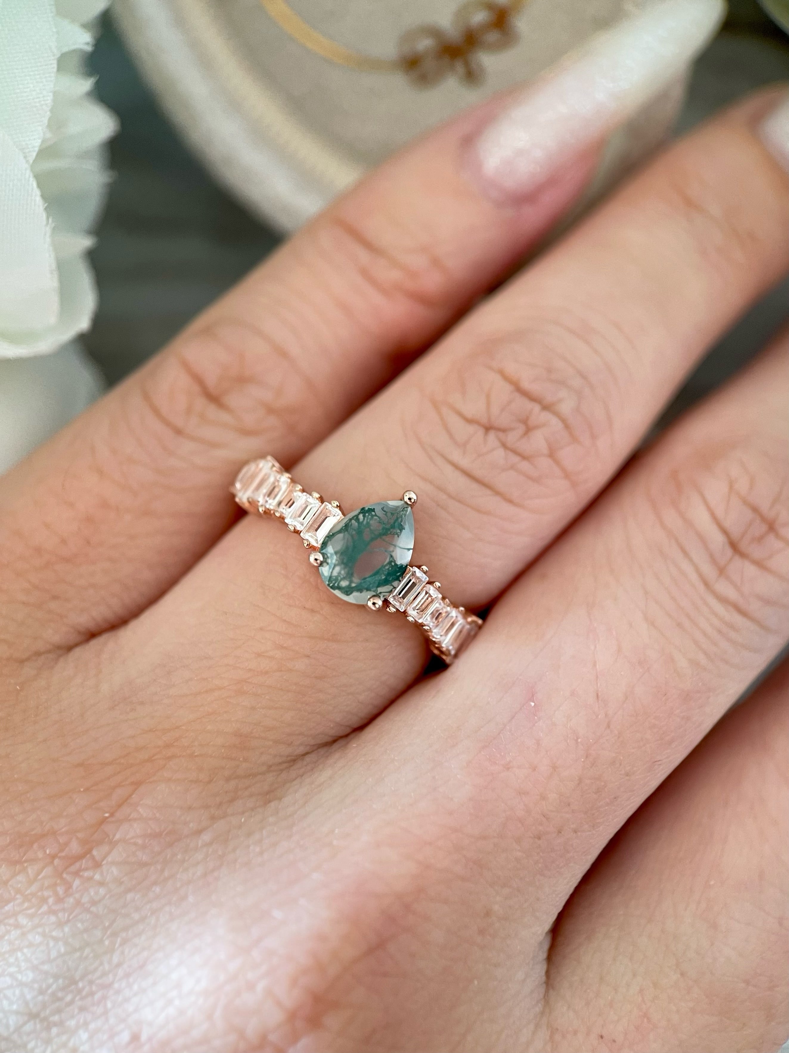【Dewdrop Canopy】Unique Handmade Natural Moss Agate Engagement Ring 0.8ct Pear Shape