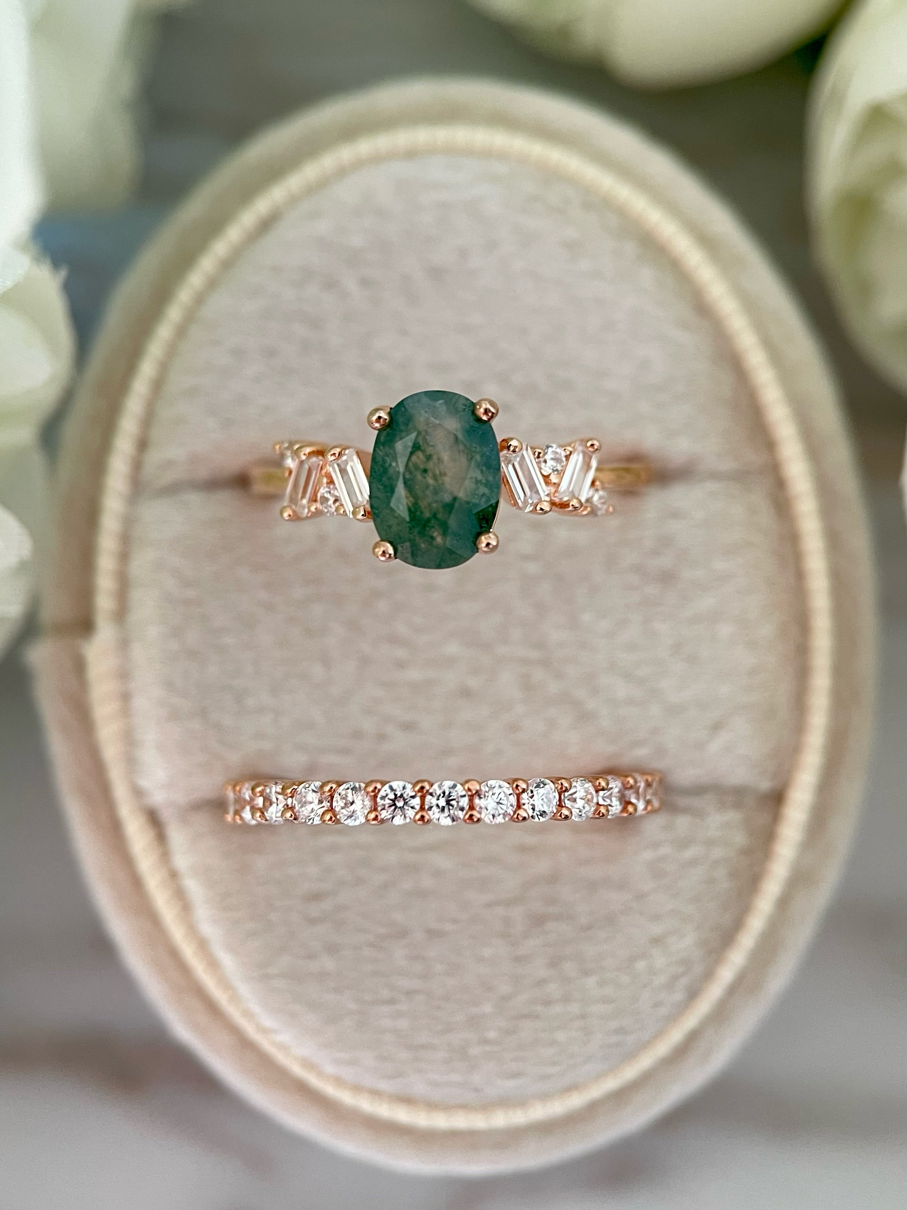 【Ensemble Sylvan Whisper】Ensemble unique de bagues de fiançailles en agate mousse naturelle faite à la main, 2 pièces, 1,5 ct, forme ovale