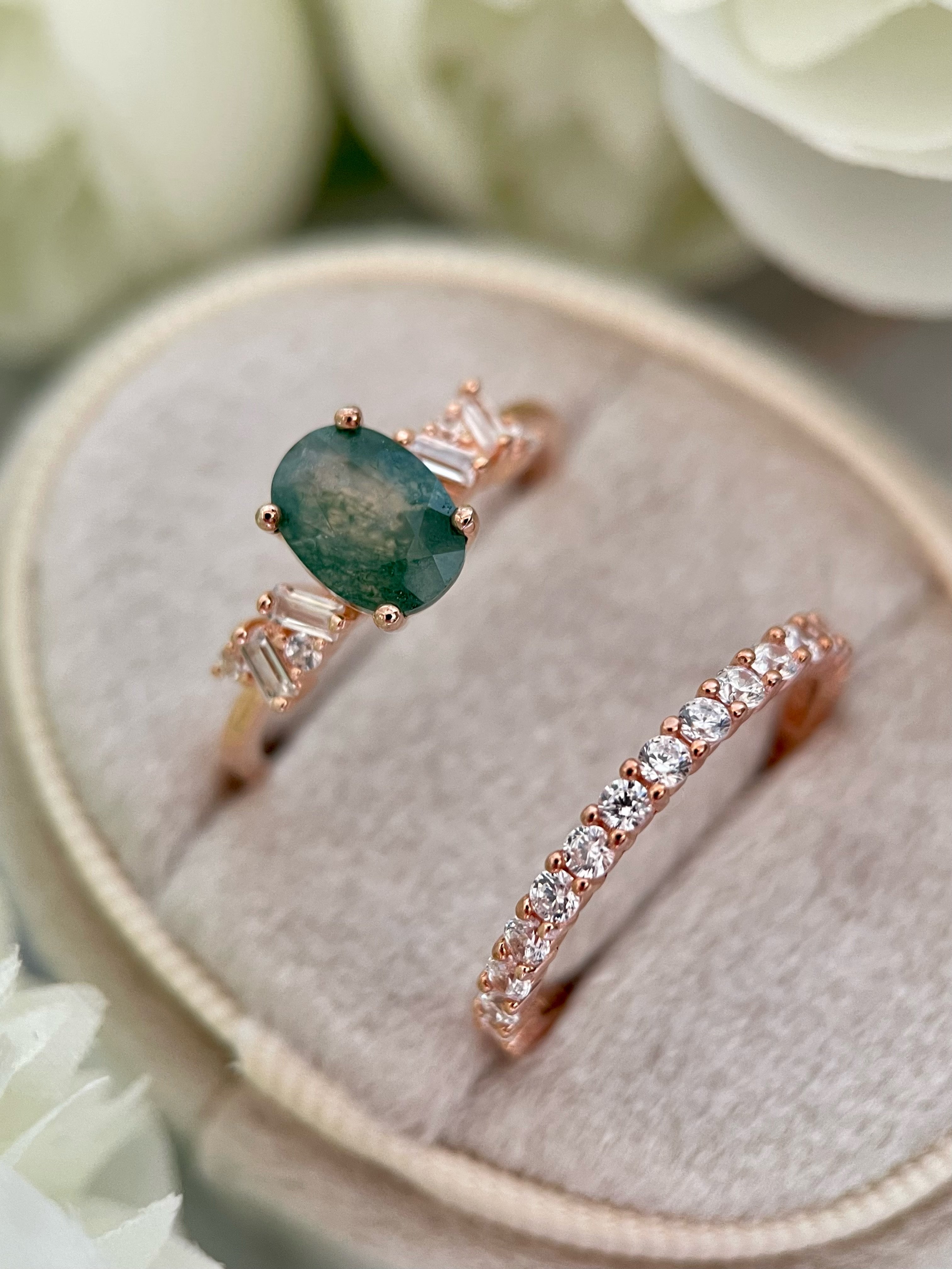 【Ensemble Sylvan Whisper】Ensemble unique de bagues de fiançailles en agate mousse naturelle faite à la main, 2 pièces, 1,5 ct, forme ovale