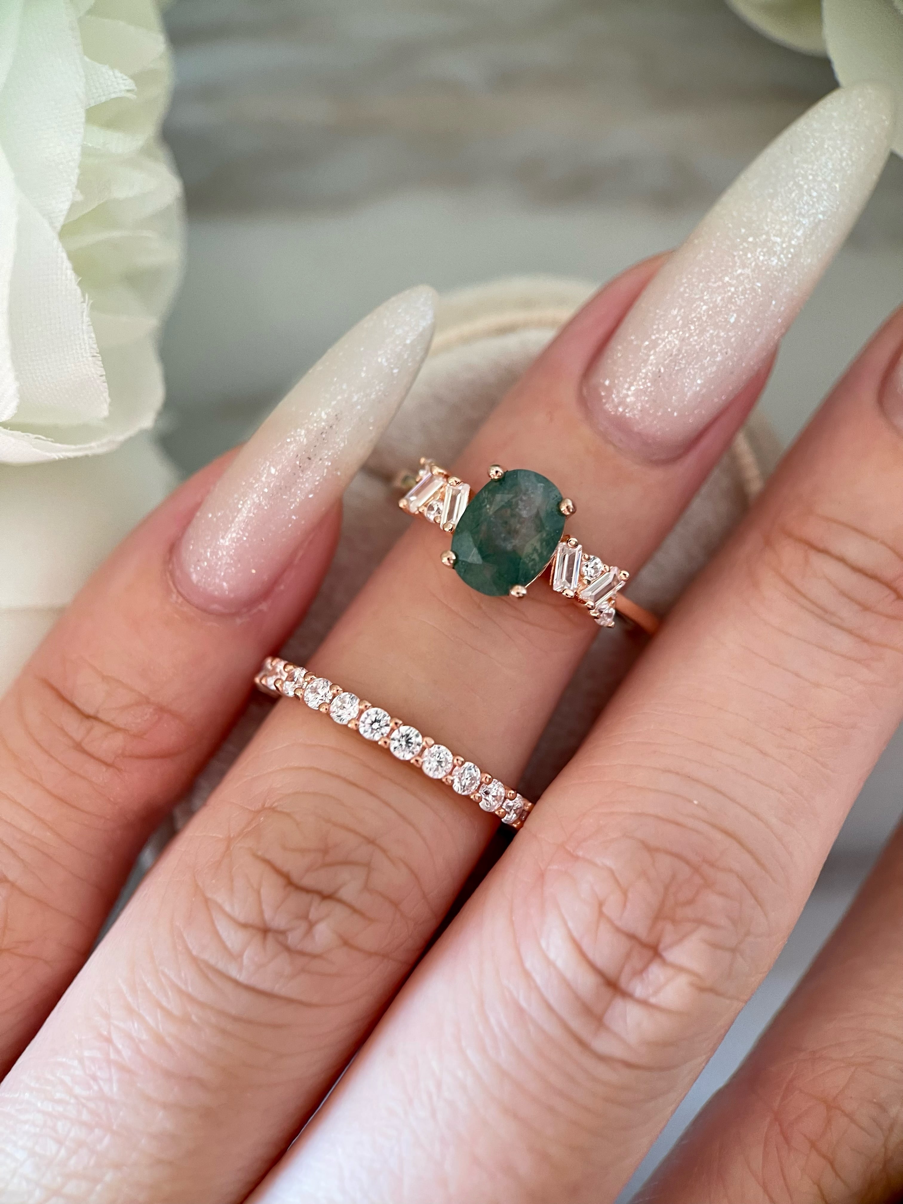 【Ensemble Sylvan Whisper】Ensemble unique de bagues de fiançailles en agate mousse naturelle faite à la main, 2 pièces, 1,5 ct, forme ovale