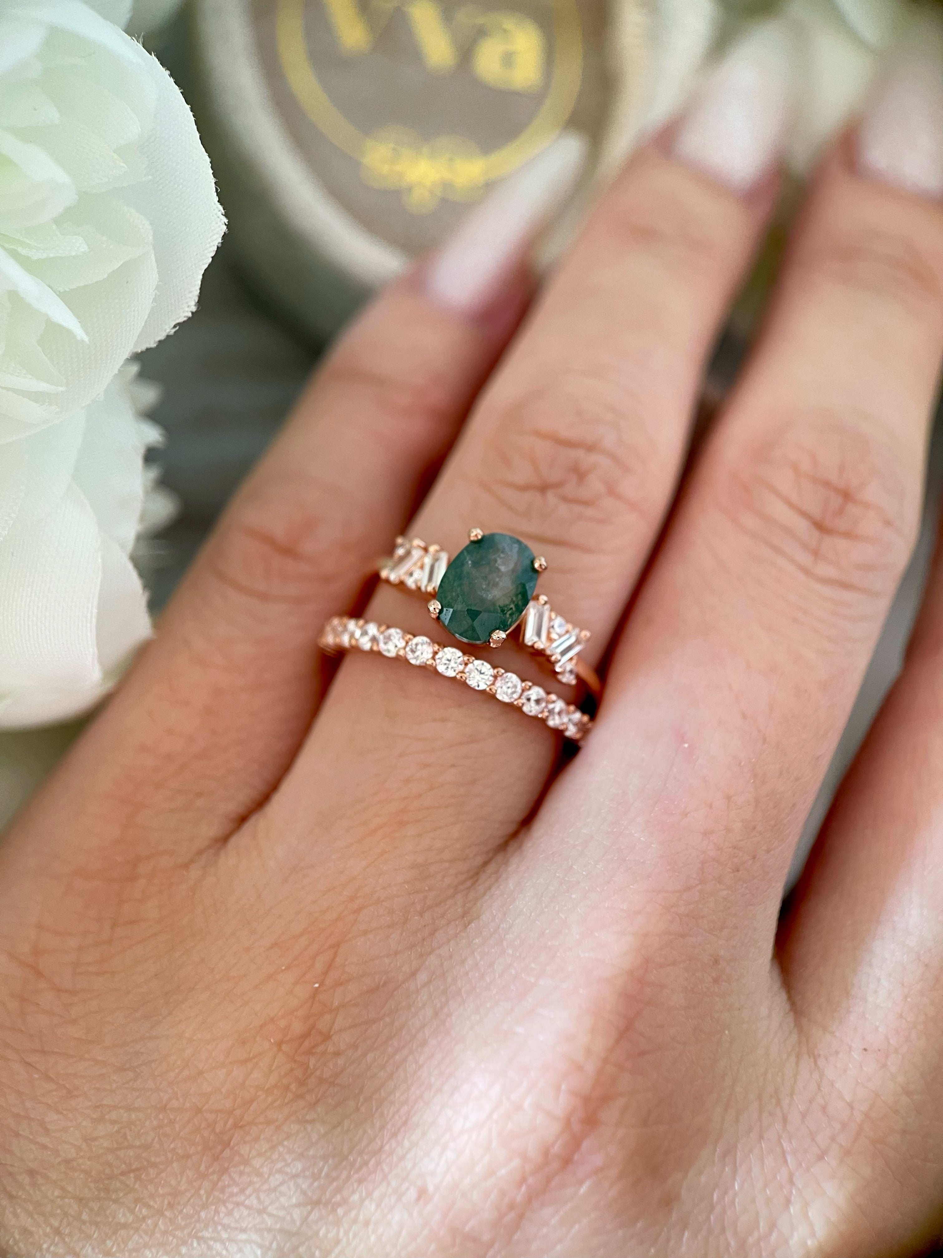 【Ensemble Sylvan Whisper】Ensemble unique de bagues de fiançailles en agate mousse naturelle faite à la main, 2 pièces, 1,5 ct, forme ovale