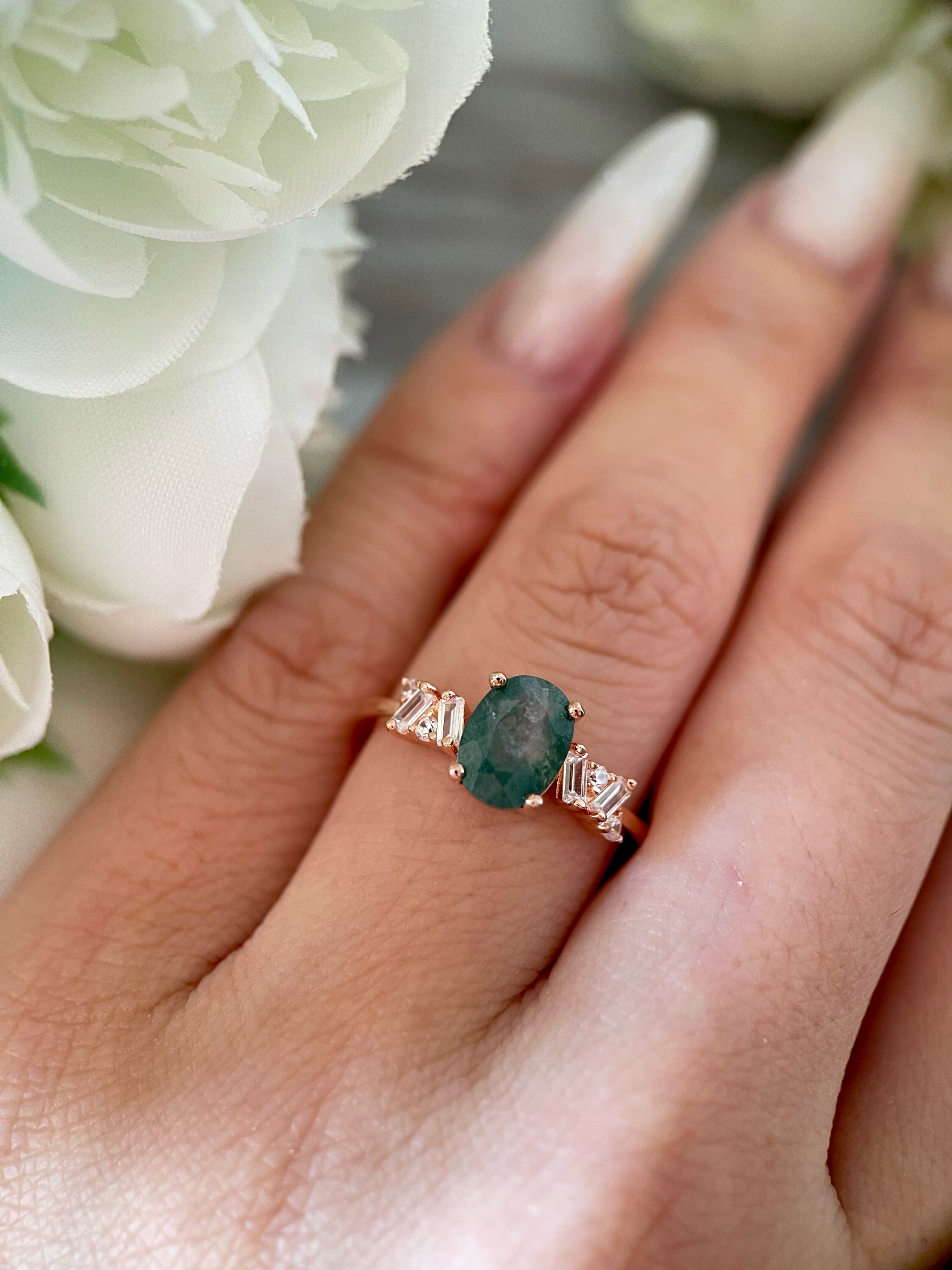 【Sylvan Whisper】Unique Handmade Natural Moss Agate Engagement Ring 1.5ct Oval Cut